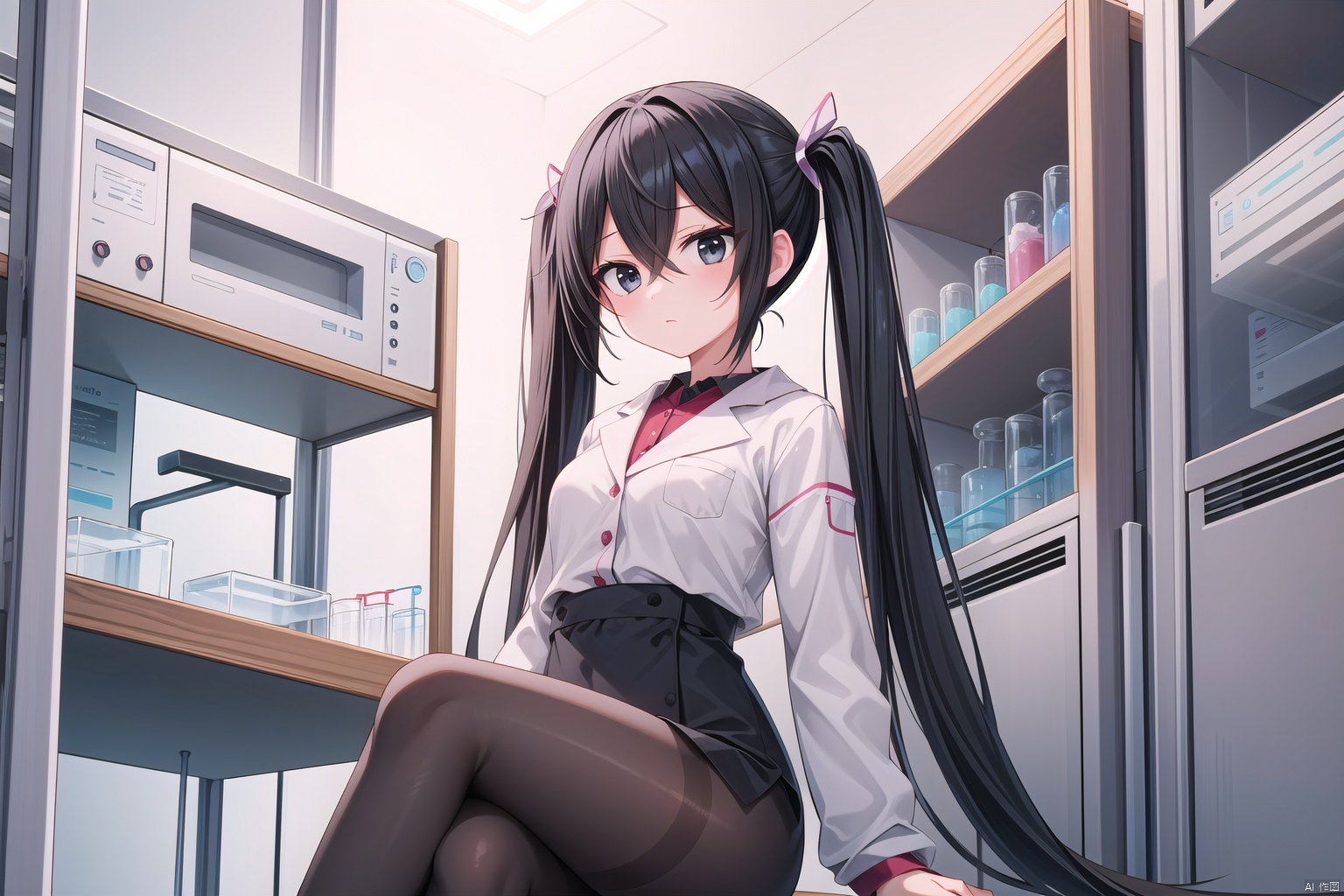 1girl,black eyes, black hair, very long hair, hair intakes, hair between eyes, stare, laboratory, twintails, pantyhose, sitting, expressionless, narrow waist,
