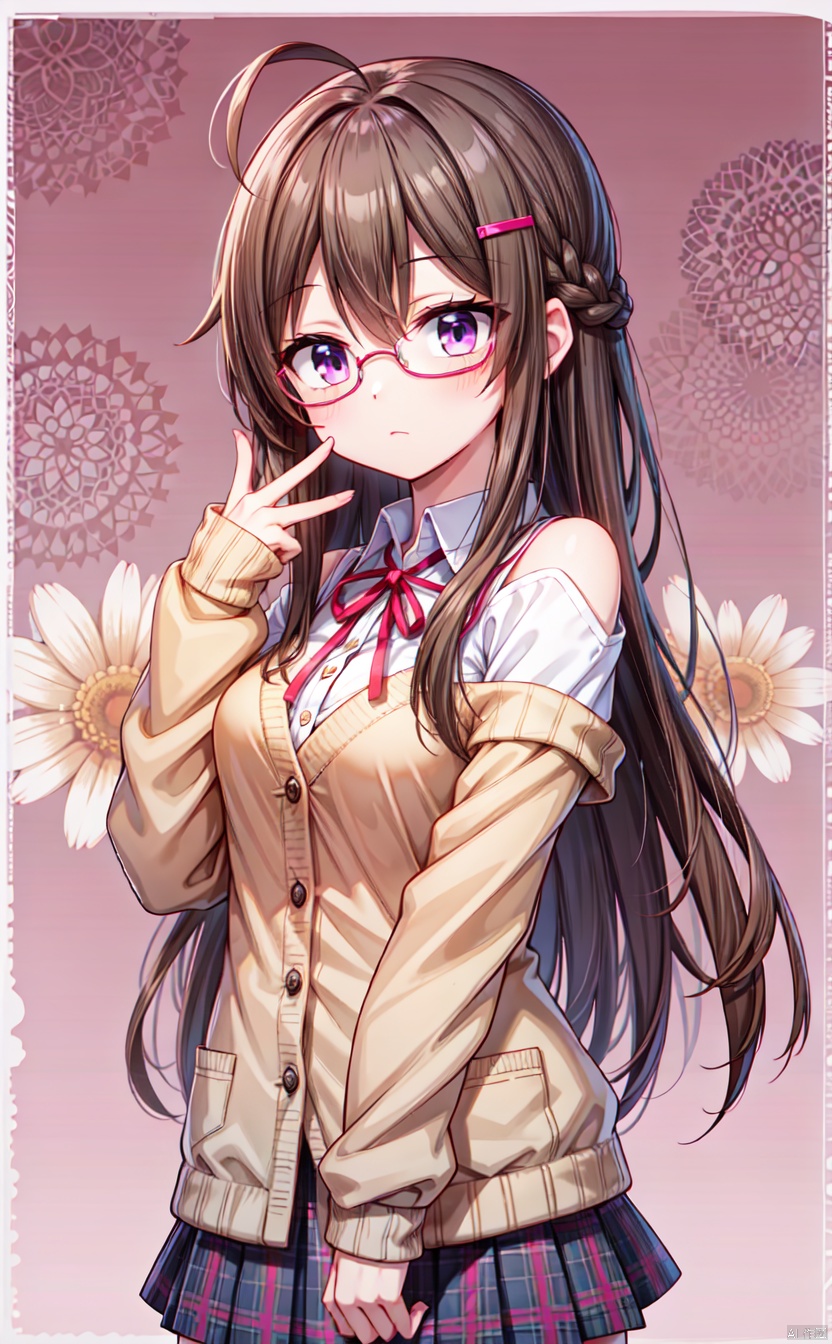  1girl,solo,braid,long hair,brown hair,hair ornament,purple eyes,shirt,ahoge,school uniform,cardigan,floral background,very long hair,pink cardigan,looking at viewer,flower,hairclip,ribbon,sleeves past wrists,off shoulder,plaid,neck ribbon,bangs,red ribbon,plaid skirt,closed mouth,collared shirt,adjusting eyewear,