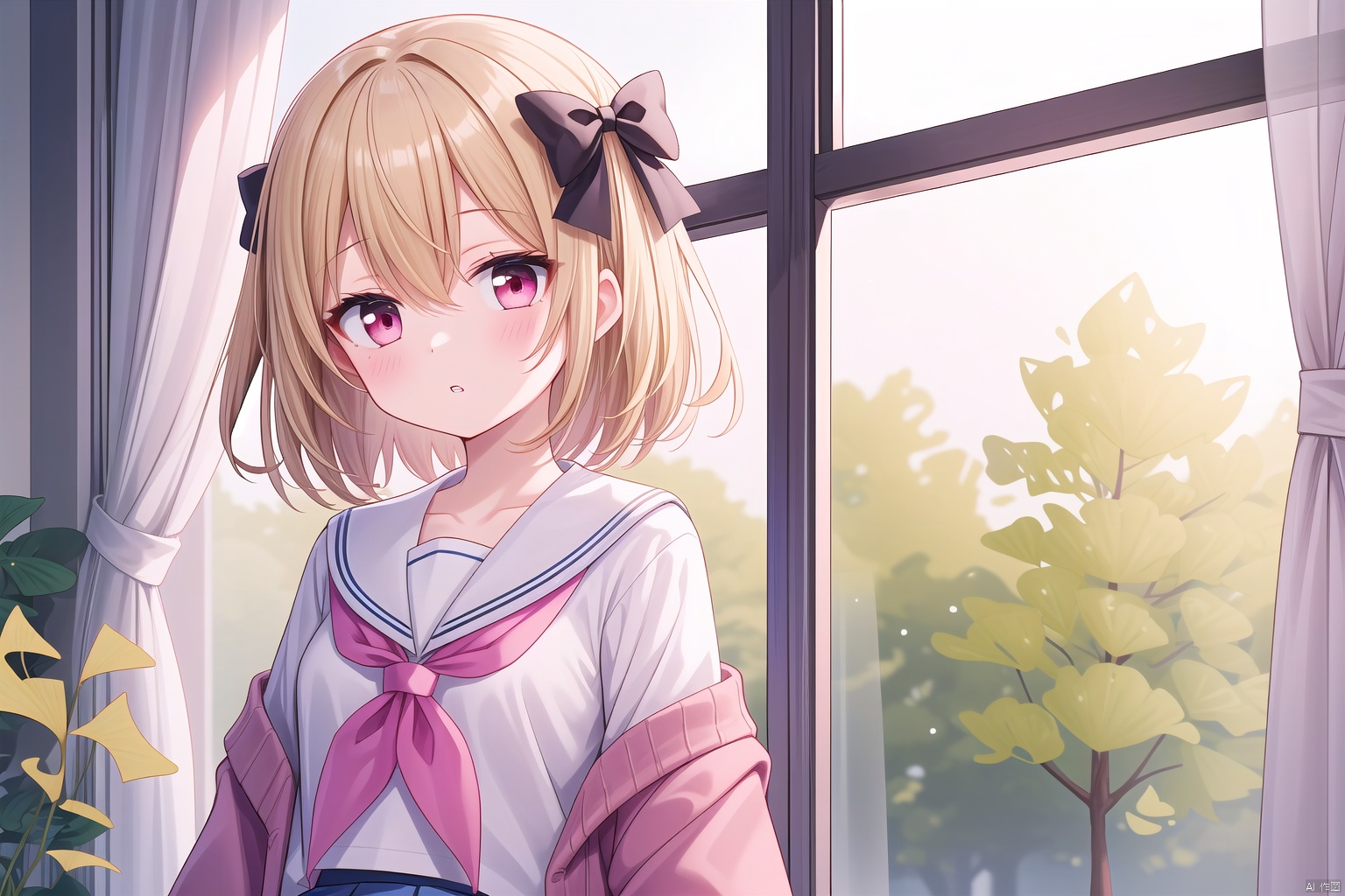  1girl, solo, school uniform, red eyes, blush, skirt, serafuku, neckerchief, bangs, looking at viewer, sailor collar, curtain grab, hair bow, collarbone, bow, blurry, long sleeves, pink cardigan, pleated skirt, blue skirt, pink bow, shirt, yellow neckerchief, short hair, cardigan, curtains, open clothes, sleeves past wrists, blurry background, parted lips, blue shirt, off shoulder, window, depth of field, leaf, open cardigan, blonde hair, blue serafuku, light brown hair, ginkgo leaf, hair between eyes, indoors