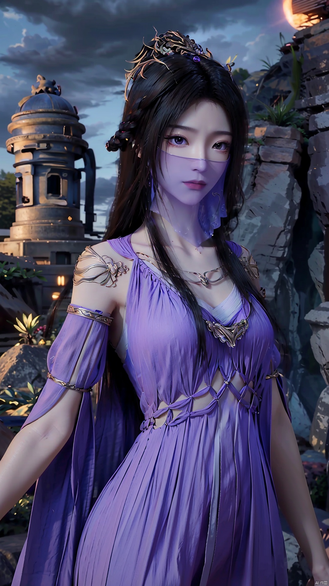  masterpiece,best quality,1girl, veil, dress, solo, black hair, jewelry, mouth veil, hair ornament, long hair, bracelet, purple dress, purple eyes, cowboy shot, dynamic pose, dynamic angle,