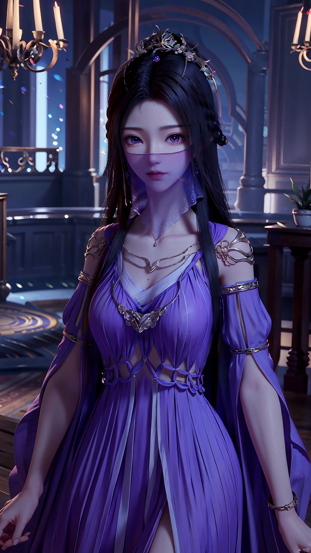  masterpiece,best quality,1girl, veil, dress, solo, black hair, jewelry, mouth veil, hair ornament, long hair, bracelet, purple dress, purple eyes, cowboy shot, dynamic pose, dynamic angle,