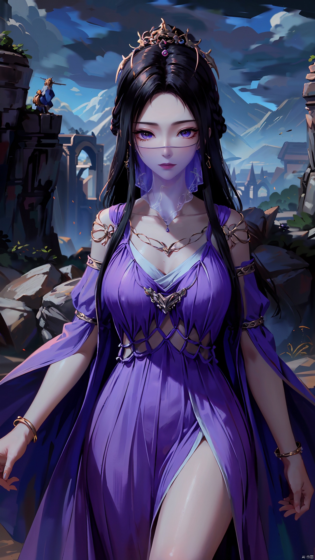  masterpiece,best quality,1girl, veil, dress, solo, black hair, jewelry, mouth veil, hair ornament, long hair, bracelet, purple dress, purple eyes, cowboy shot, dynamic pose, dynamic angle,