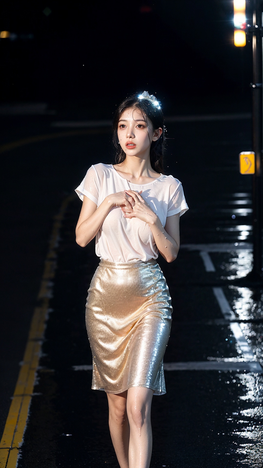 Best Quality,  Masterpiece,  Ultra High Resolution,  (Realisticity:1.4),  Original Photo,  Cinematic Lighting,  night shot,  1girl,  full body,  (sparkly:1.3) sequins dress,  pencil skirt,  thigh,  red bow,  street,  after rain,  wet,  (deserted street:1.4),  crossroads,  zebra crossing,  times square,  new york,  raytraced reflection,  dynamic Angle,  (bokeh:1.2),  depth of field,  incredible sky,  looking up to the sky,  (aesthetics and atmosphere:1.2), ,  NSFW,  See thru wet T shirt,<lora:EMS-10614-EMS:0.200000>,<lora:EMS-98042-EMS:-2.000000>,<lora:EMS-183659-EMS:0.800000>