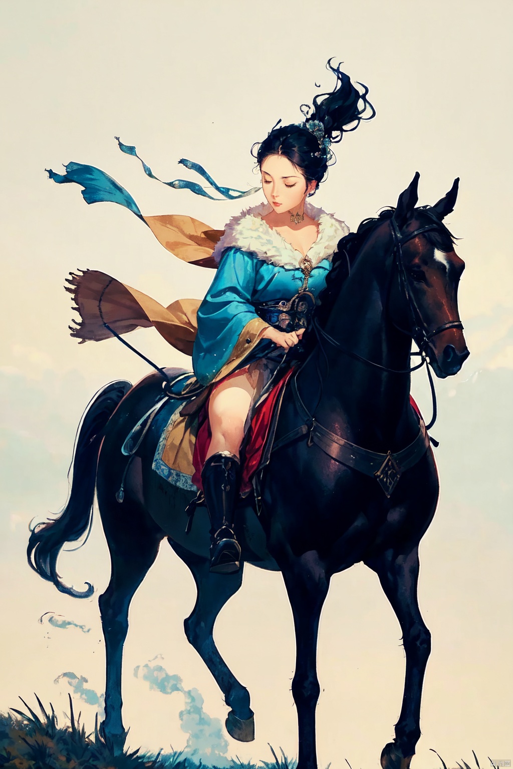  The image is a captivating scene of a woman dressed in a flowing blue outfit, riding a horse that is a mix of a fish and a horse. The woman's dress accentuates her elegance and grace, while her hair is styled in an intricate updo. The horse has a fish-like tail and back legs and horse-like front legs. The lighting in the image is soft and diffused, creating a dreamy atmosphere. The colors are vibrant and rich, with the blue hues in the woman's dress and the horse's fur standing out against the white background. The image is well-composed and skillfully executed, with the woman and the horse occupying the majority of the frame. The quality of the image is excellent, with no visible noise or graininess. The image can be described as dreamy and ethereal, capturing a moment of beauty and tranquility. The use of fantasy elements and the blending of different creatures adds a unique touch to the scene. Overall, the image is a stunning piece of art that showcases the photographer's talent and creativity. It is a perfect representation of the photographer's style and skill in capturing moments of beauty and fantasy.