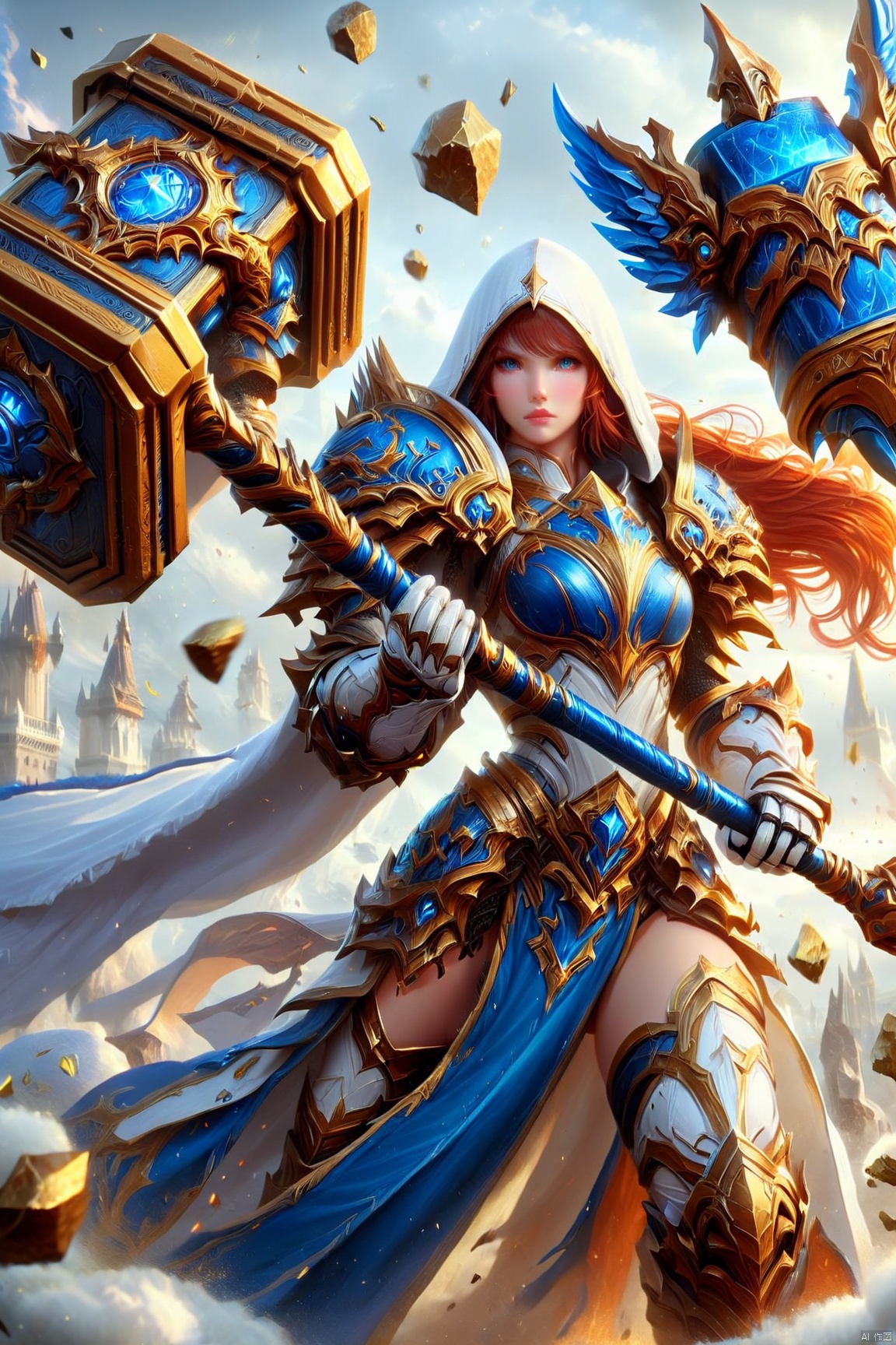 can you create a realistic action shot of a female fantasy game character wielding a giant golden and blue hammer, wearing white armor, amazing quality, heaven in background, HD, masterpiece, best quality, hyper detailed, ultra detailed, realistic, ORANGEBLACK