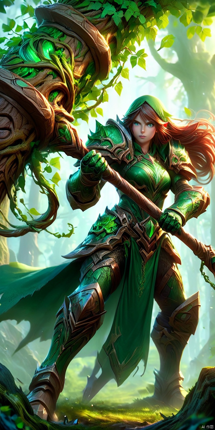 an action shot of a detailed and realistic image of a female fantasy game character wielding a giant tree battlehammer with vines, wearing green armor, amazing quality, forest allay in background, HD, masterpiece, best quality, hyper detailed, ultra detailed, realistic, MAJICMIX STYLE