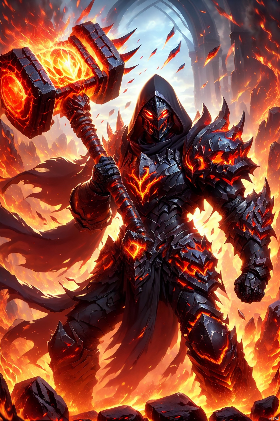 an anime action shot of a fantasy game character wielding a giant magma battlehammer, wearing black armor and hood, 8K, HD, amazing quality, burning allay in background, HD, masterpiece, best quality, hyper detailed, ultra detailed, realistic