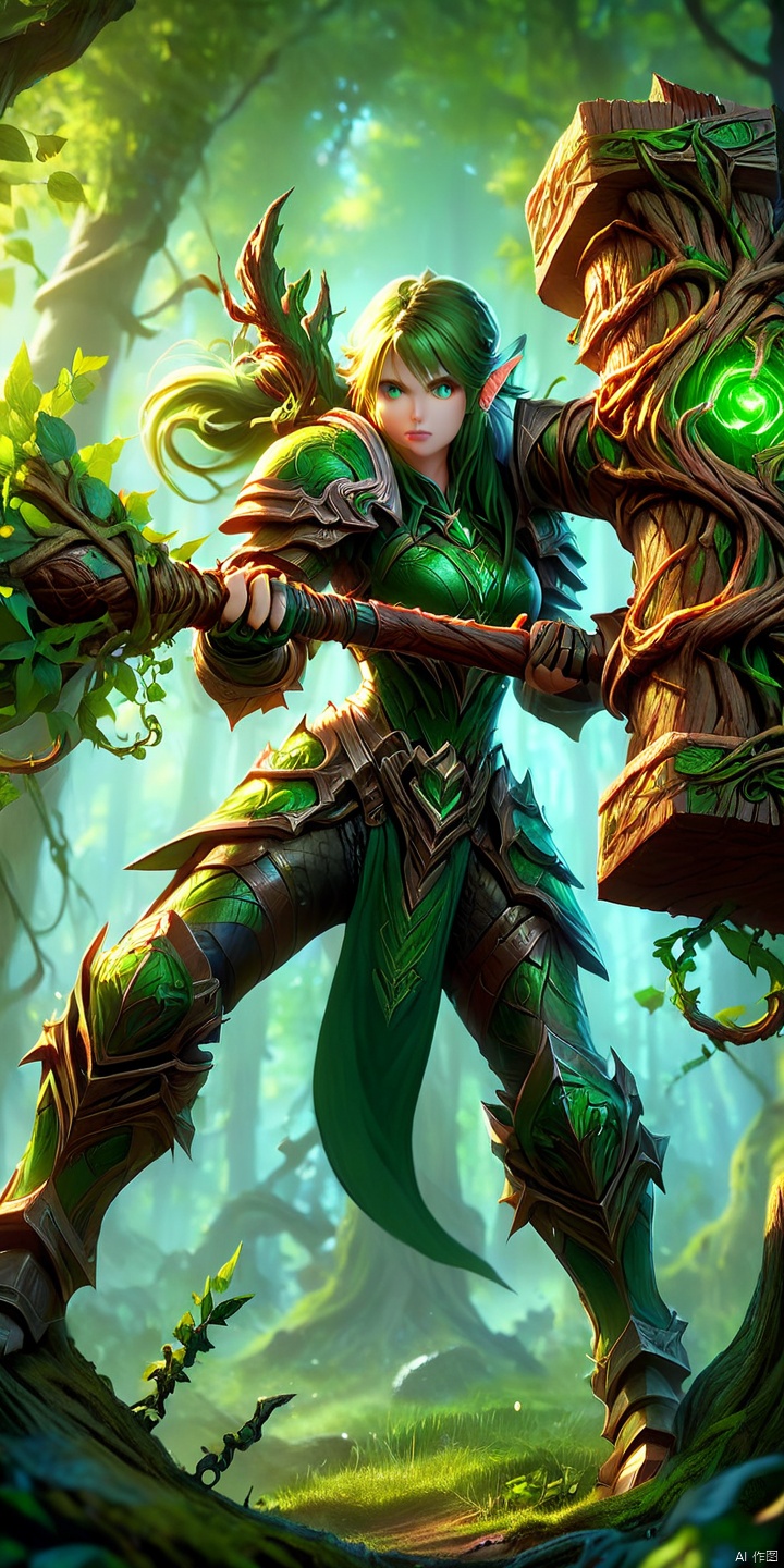 an action shot of a detailed and realistic image of a female fantasy game character wielding a giant tree battlehammer with vines, wearing green armor, amazing quality, forest allay in background, HD, masterpiece, best quality, hyper detailed, ultra detailed, realistic, MAJICMIX STYLE