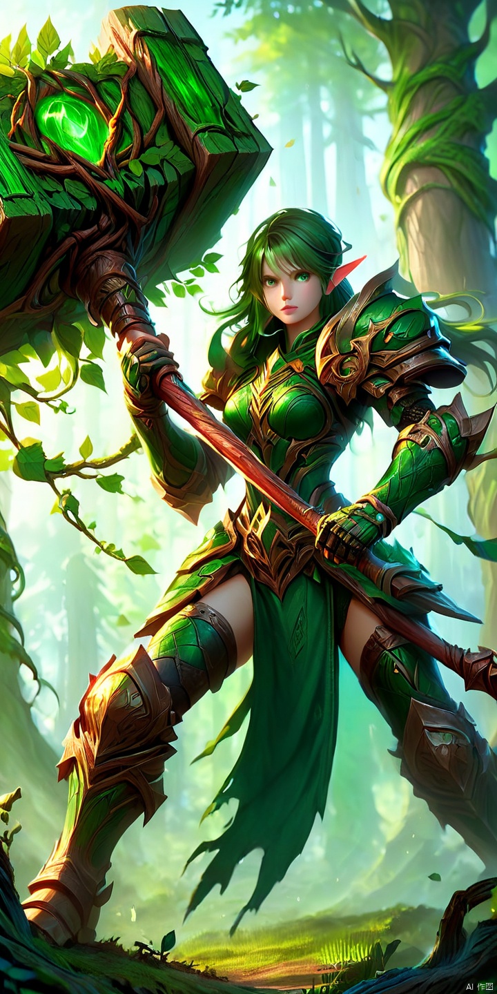 an action shot of a detailed and realistic image of a female fantasy game character wielding a giant tree battlehammer with vines, wearing green armor, amazing quality, forest allay in background, HD, masterpiece, best quality, hyper detailed, ultra detailed, realistic, MAJICMIX STYLE
