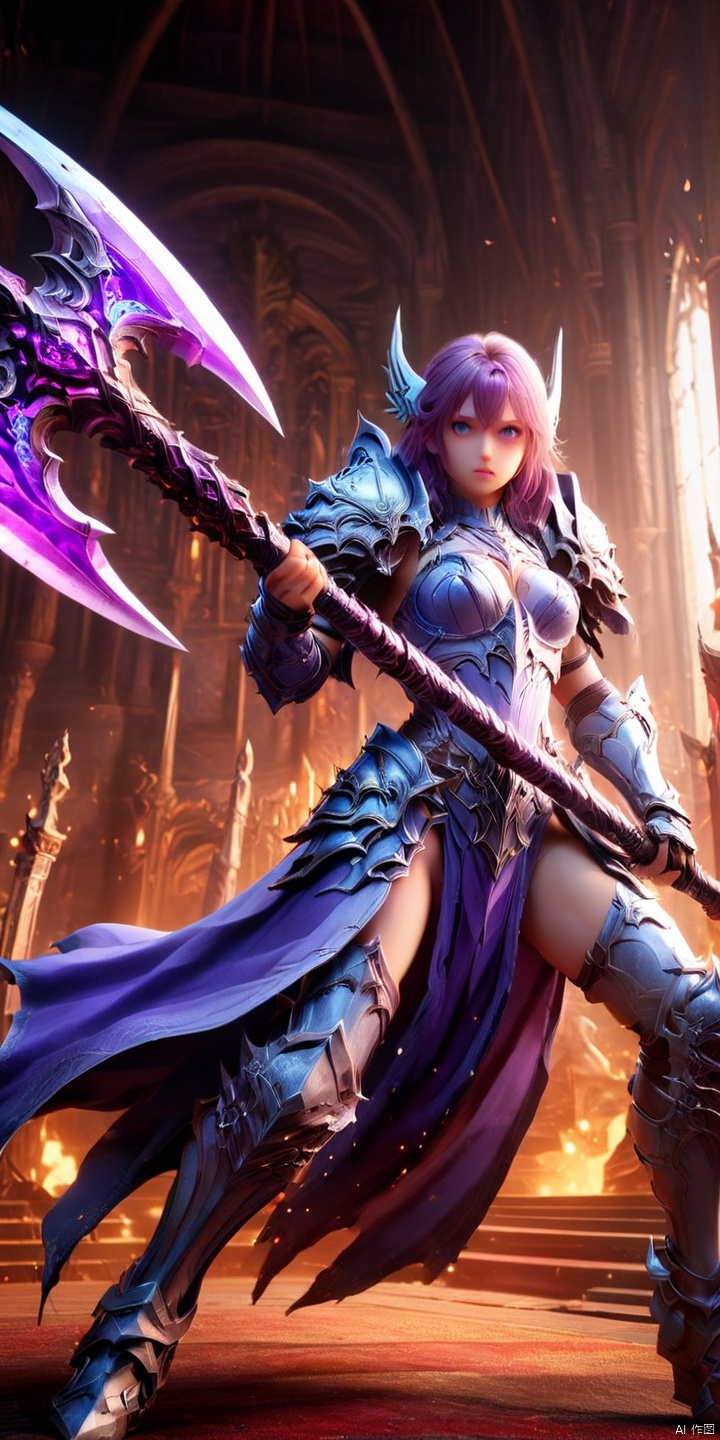  an action shot of a strong girl wielding a giant purple sword, wearing armor, 8K, HD, amazing quality, throneroom in background, anime style, anime, HD, masterpiece, best quality, hyper detailed, ultra detailed, realistic, Atomictits, Naturalbody