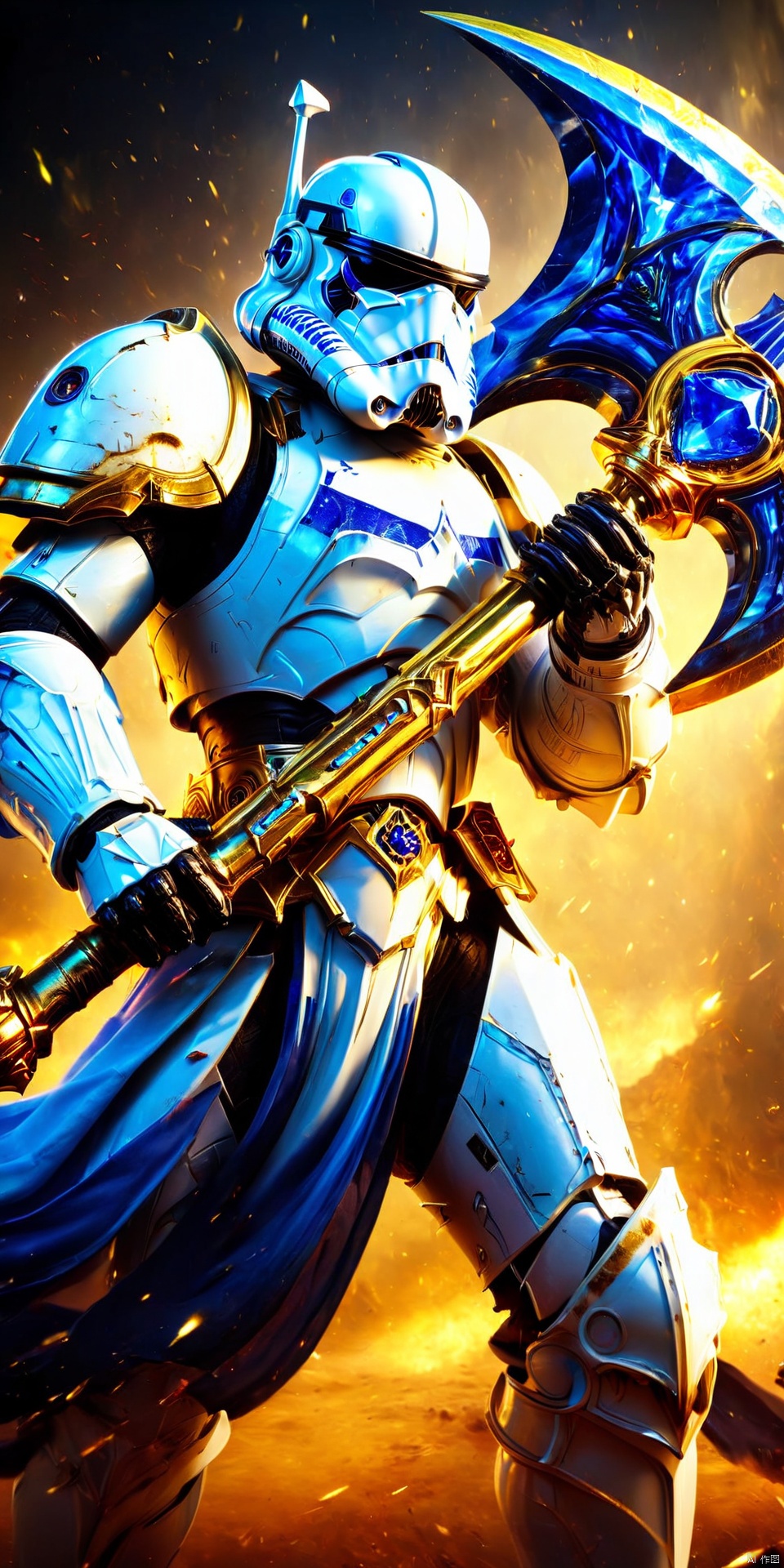 star wars stormtrooper wielding a giant golden and blue battleaxe with sapphires  