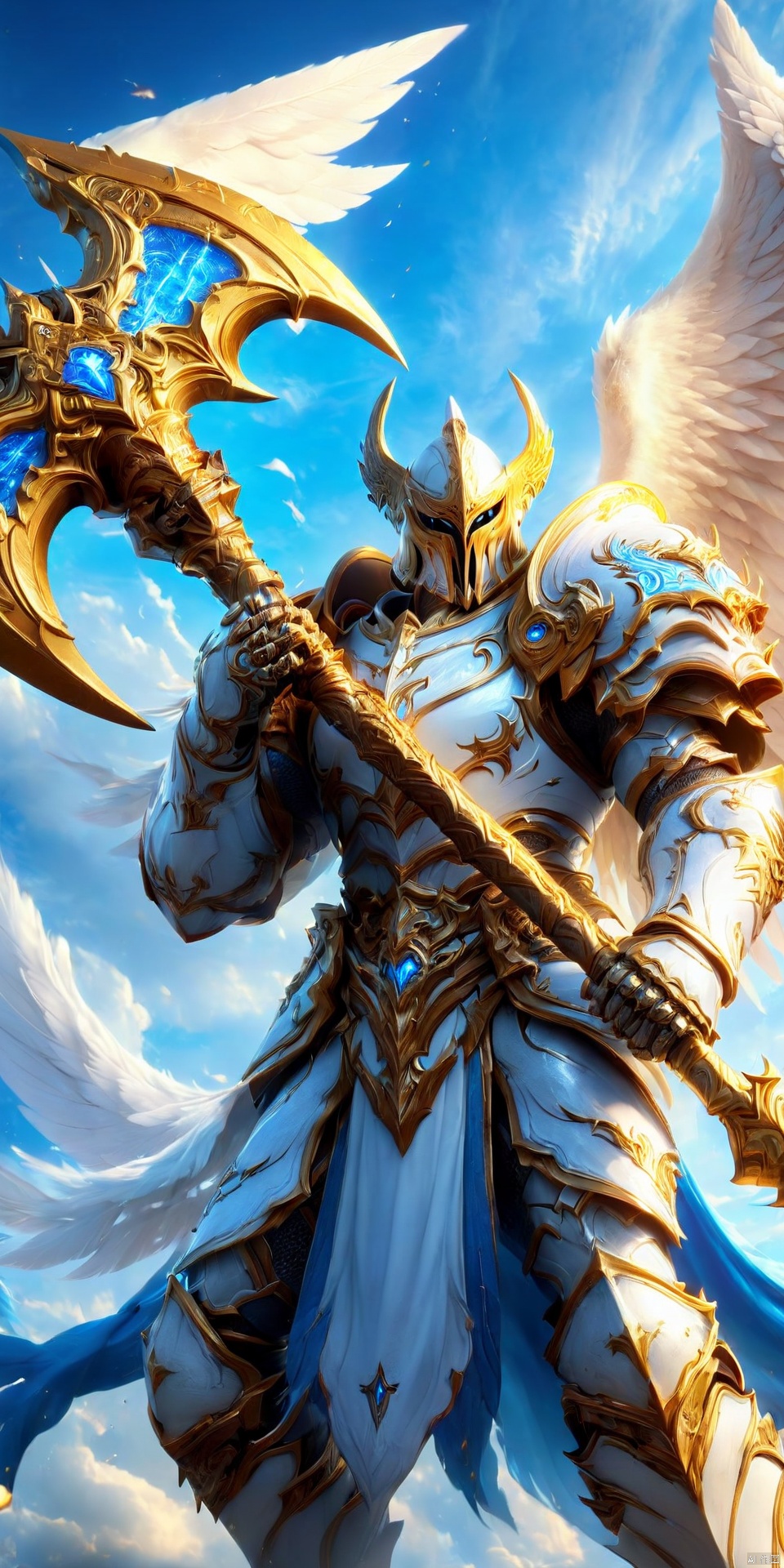 an detailed and realistic image of a fantasy game character wielding a giant golden and blue battleaxe, wearing white armor, angel wings 8K, HD, amazing quality, heaven in background, HD, masterpiece, best quality, hyper detailed, ultra detailed, realistic, Wielding a battleaxe