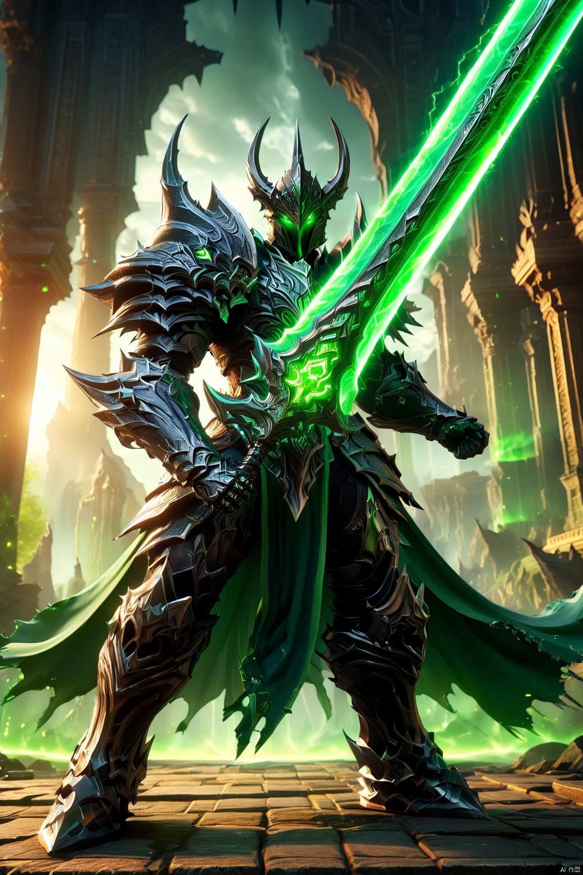 Action shot of a knight wearing black armor, wielding a giant green sword, green glowing eyes, torn cape, temple in background, HD, masterpiece, best quality, hyper detailed, ultra detailed, Naturalbody