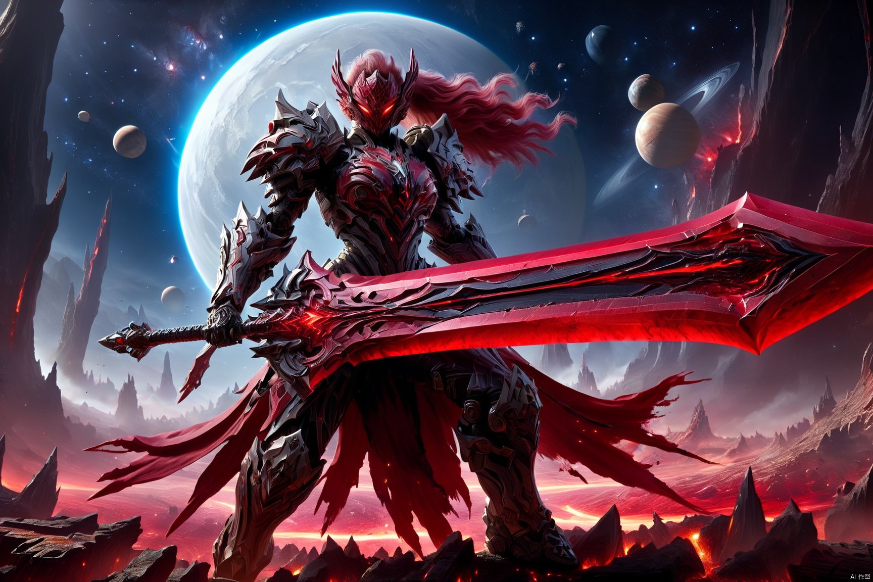 (8k,best quality, masterpiece:1.2), hyper detailed, ultra detailed, mech armored woman, wielding a giant blood sword of blood, space, explosion, planets, galaxy, moons, dark, Wielding sword
