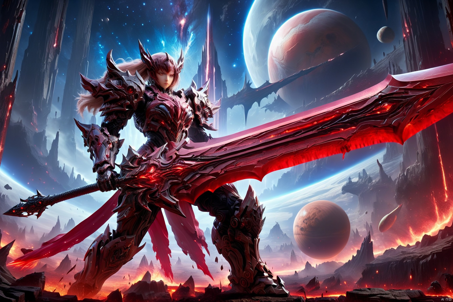 (8k,best quality, masterpiece:1.2), hyper detailed, ultra detailed, mech armored woman, wielding a giant blood sword of blood, space, explosion, planets, galaxy, moons, dark, Wielding sword