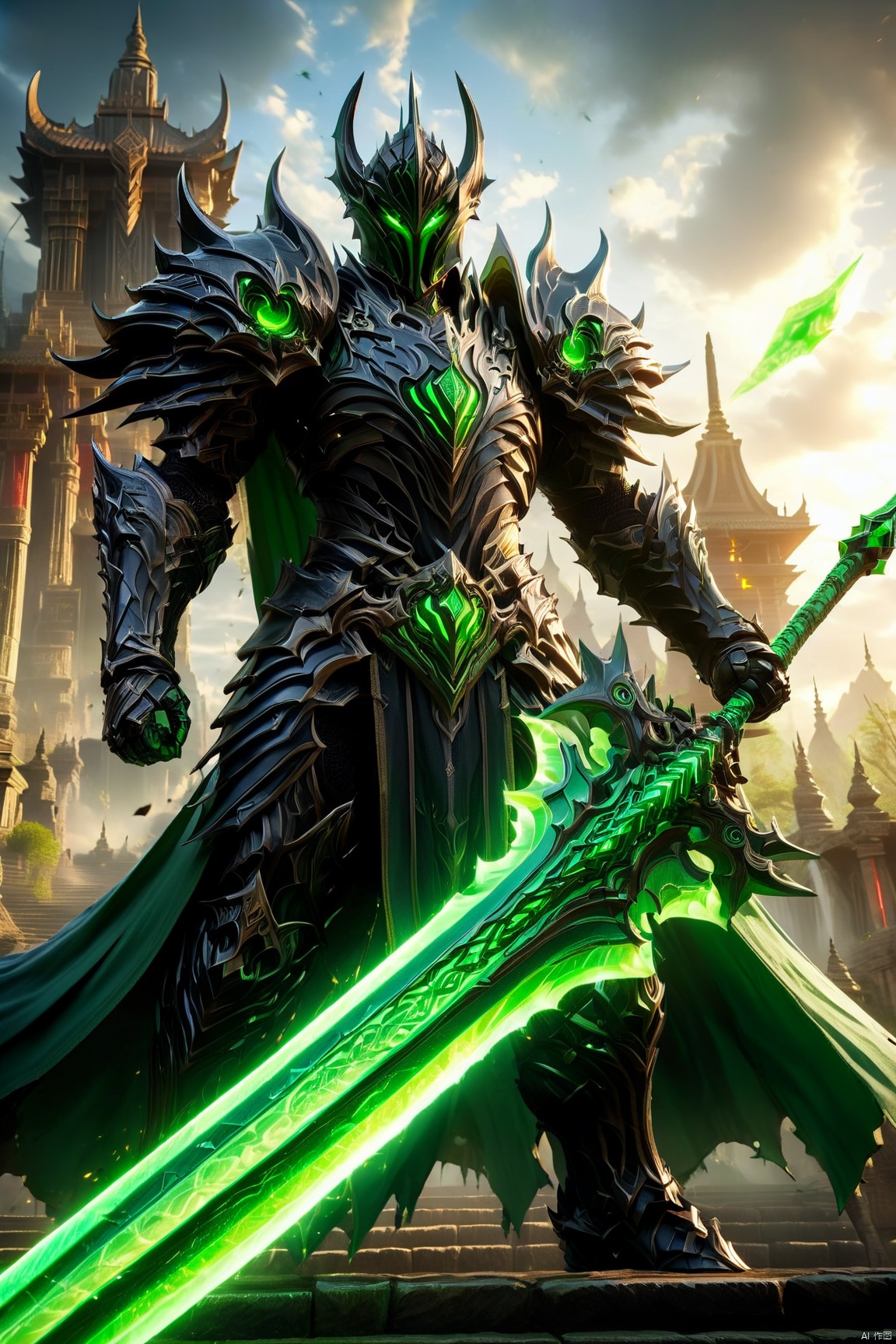 Action shot of a knight wearing black armor, wielding a giant green sword, green glowing eyes, torn cape, temple in background, HD, masterpiece, best quality, hyper detailed, ultra detailed, Naturalbody