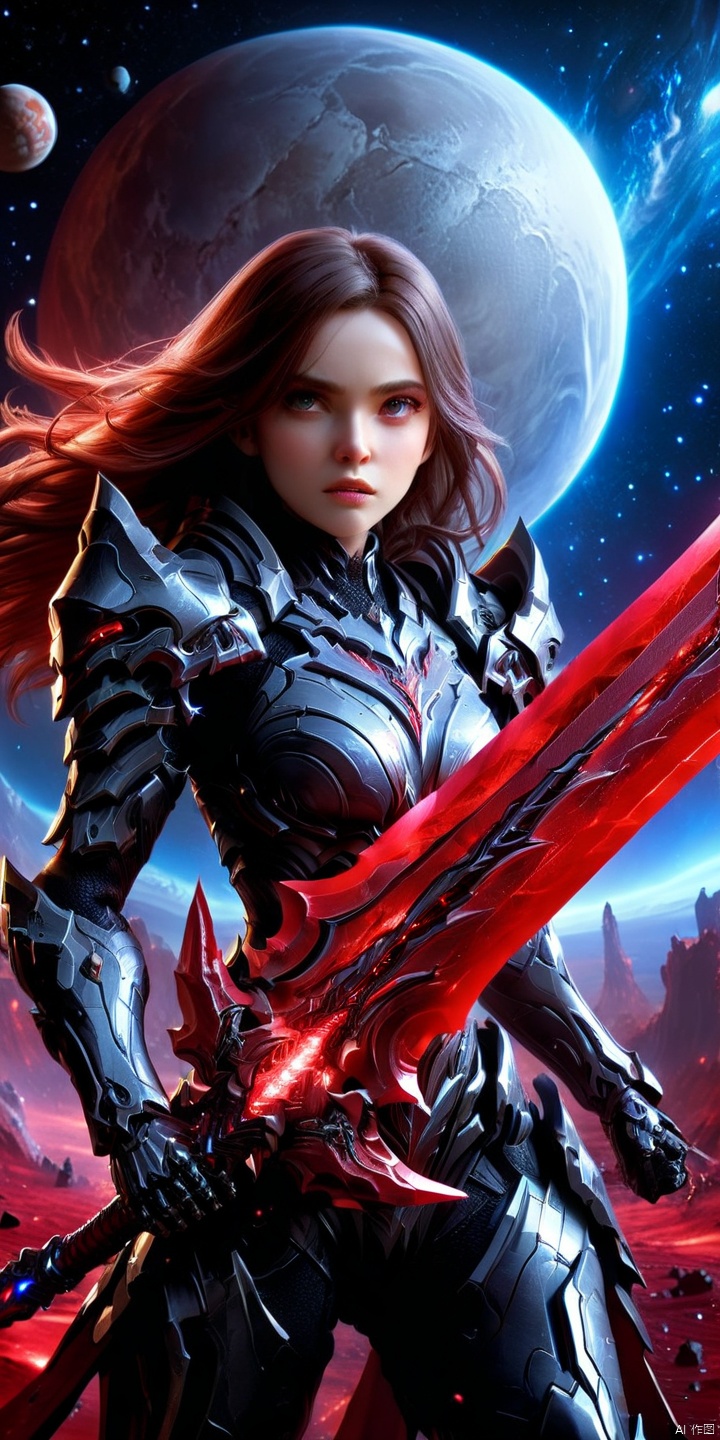 (8k,best quality, masterpiece:1.2), hyper detailed, ultra detailed, mech armored woman, wielding a giant blood sword of blood, space, explosion, planets, galaxy, moons, dark, Wielding sword