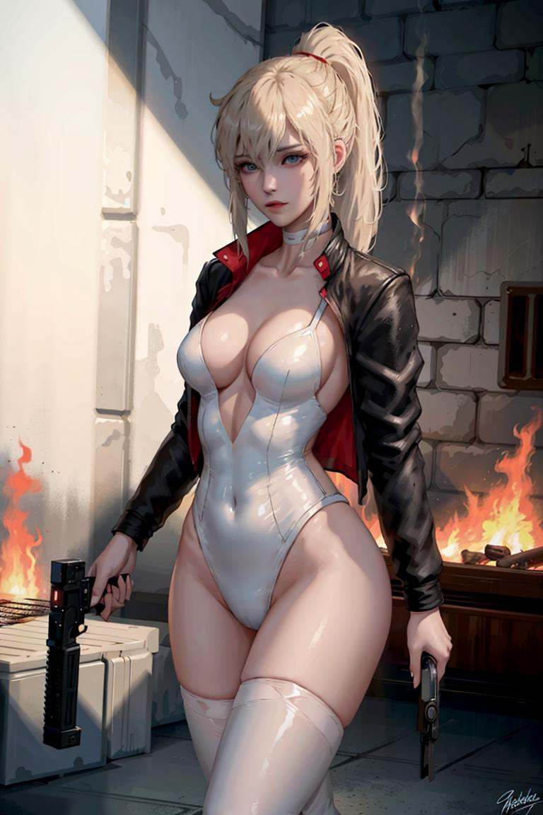 tess, 1girl, ponytail, blonde hair, blue eyes, choker,open clothes, leotard, cropped jacket, open jacket, boots, cleavage, thighhighs,indoor, gun, handgun, holding gun, fire, shoting,masterpiece, best quality, 8k