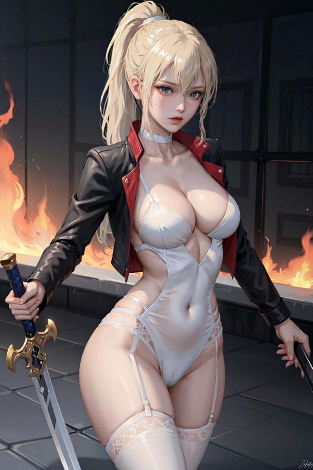 tess, 1girl, ponytail, blonde hair, blue eyes, choker,open clothes, leotard, cropped jacket, open jacket, white stocking, garter straps, cleavage, thighhighs, (sword, holding sword ), fire, fighting,masterpiece, best quality, 8k, <lora:EMS-20685-EMS:0.68>