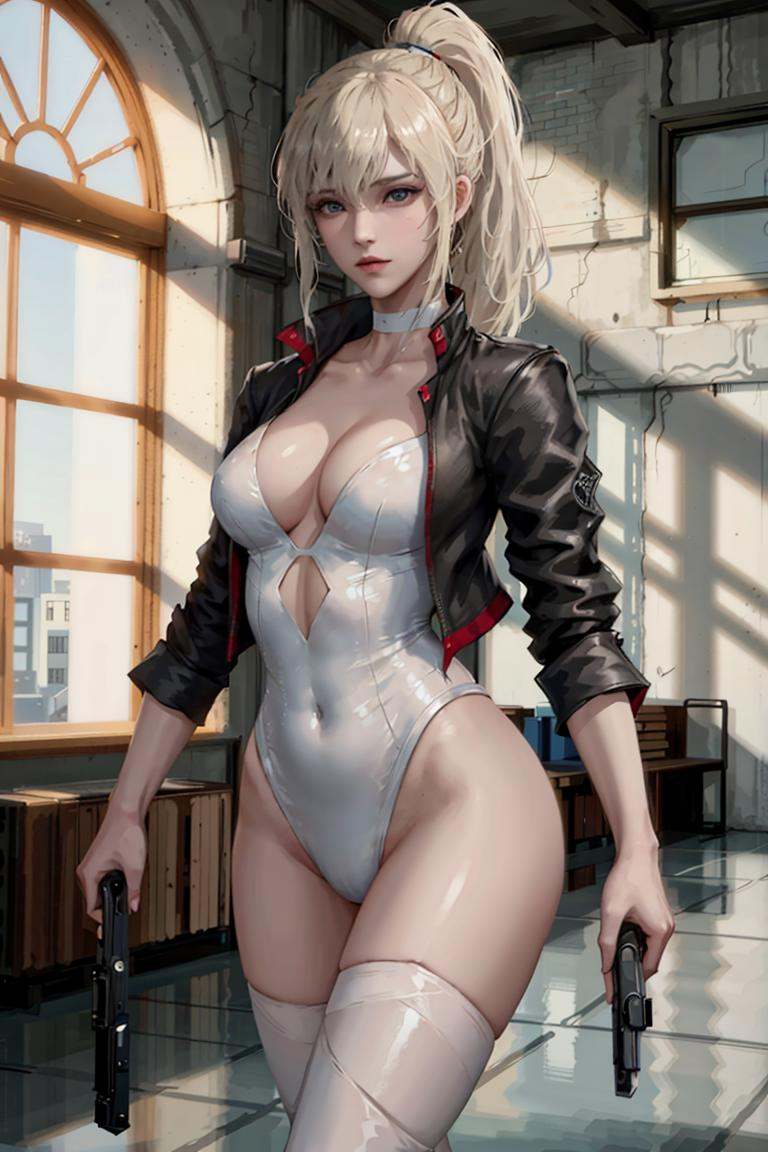 tess, 1girl, ponytail, blonde hair, blue eyes, choker,open clothes, leotard, cropped jacket, open jacket, boots, cleavage, thighhighs,indoor, gun, handgun, holding gun, fire, shoting,masterpiece, best quality, 8k