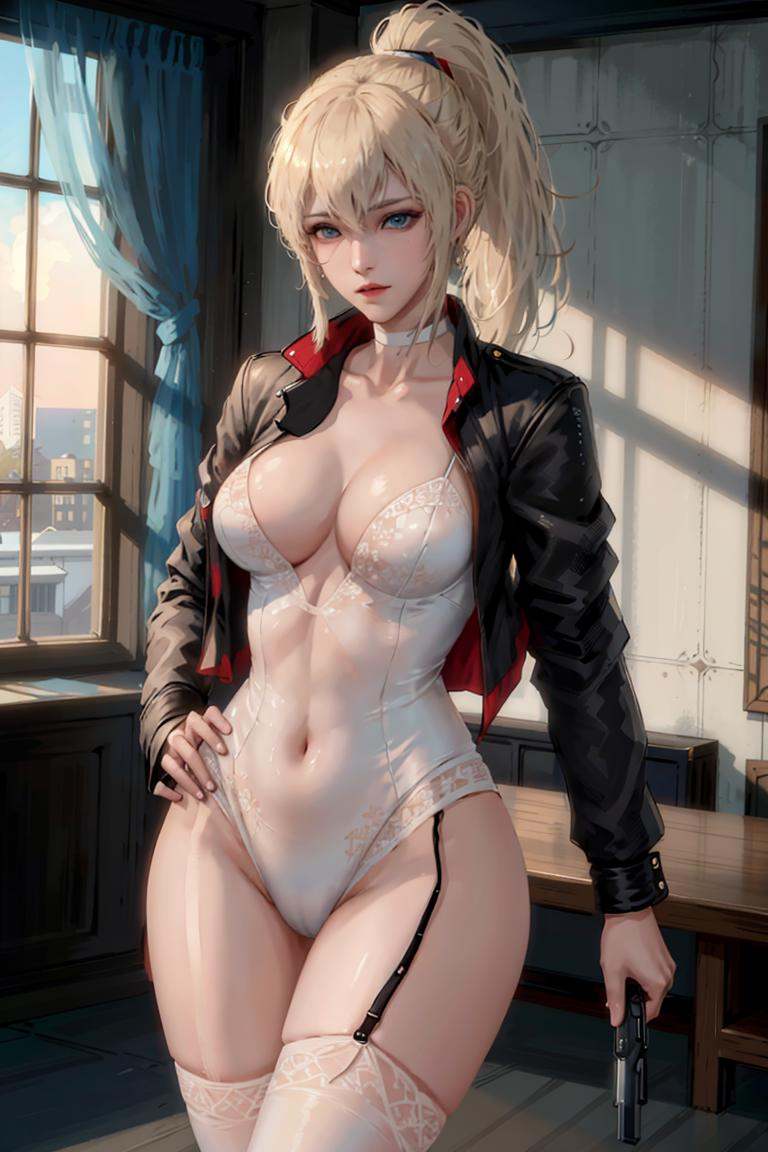 tess, 1girl, ponytail, blonde hair, blue eyes, choker,open clothes, leotard, cropped jacket, open jacket, white stocking, garter straps , cleavage, thighhighs,indoor, gun, handgun, holding gun, fire, shoting,masterpiece, best quality, 8k