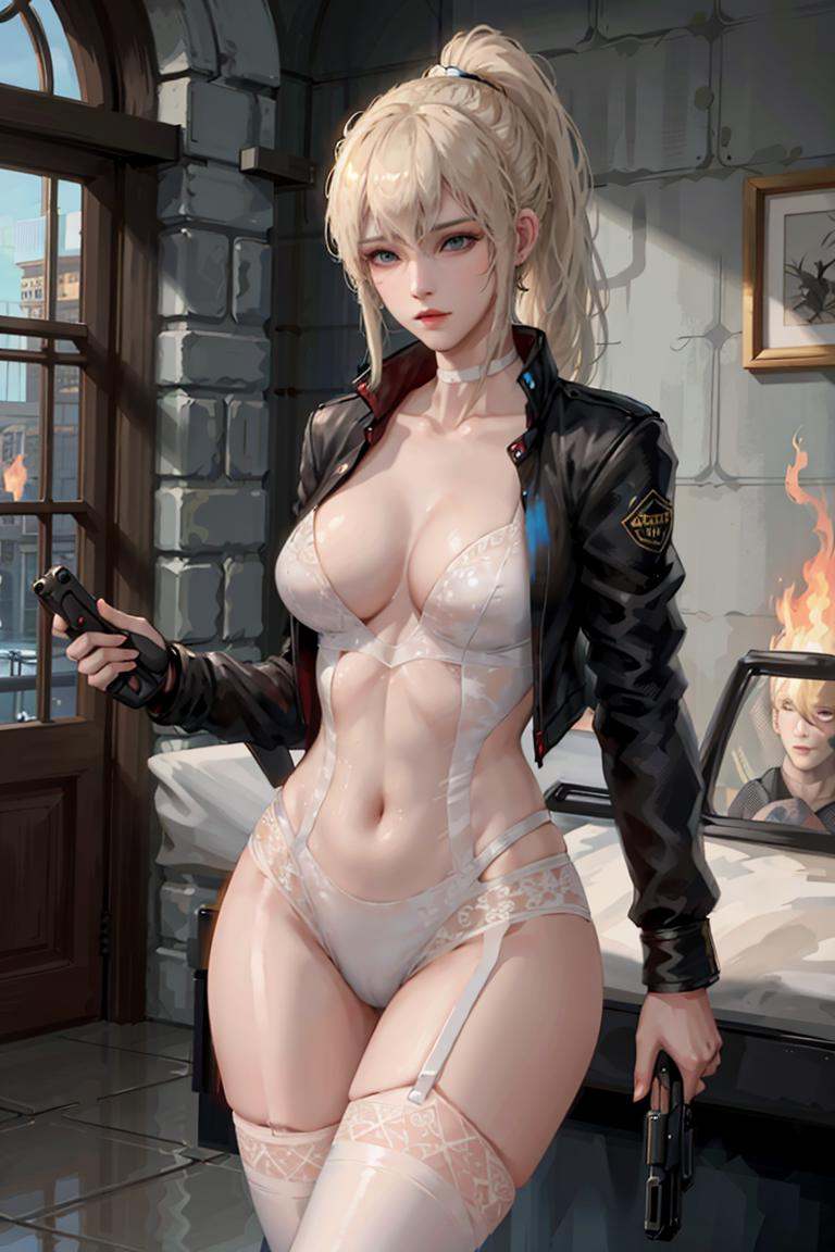 tess, 1girl, ponytail, blonde hair, blue eyes, choker,open clothes, leotard, cropped jacket, open jacket, white stocking, garter straps , cleavage, thighhighs,indoor, gun, handgun, holding gun, fire, shoting,masterpiece, best quality, 8k