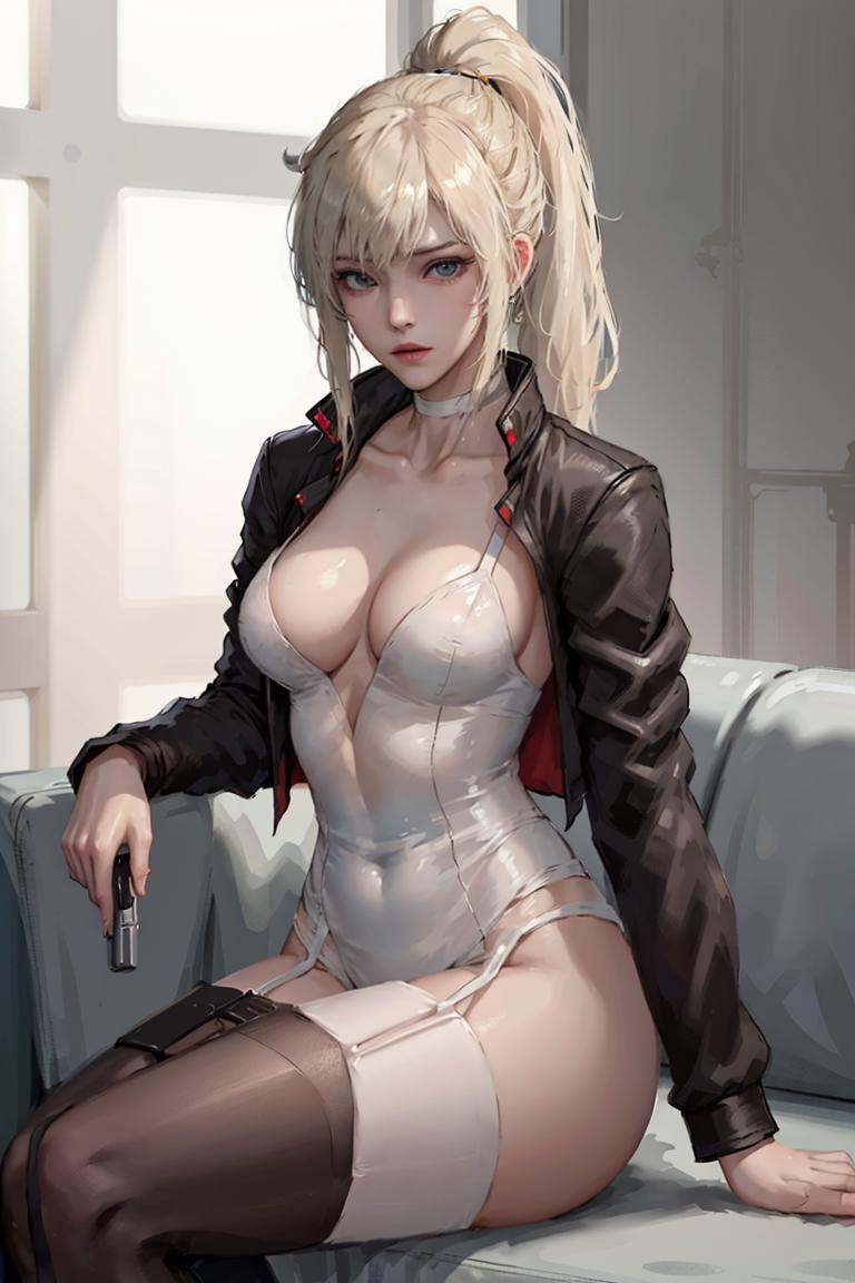 tess, 1girl, ponytail, blonde hair, blue eyes, choker,open clothes, leotard, cropped jacket, open jacket, white stocking, garter straps , cleavage, thighhighs, sitting,indoor, gun, handgun, holding gun, fire, shoting,masterpiece, best quality, 8k