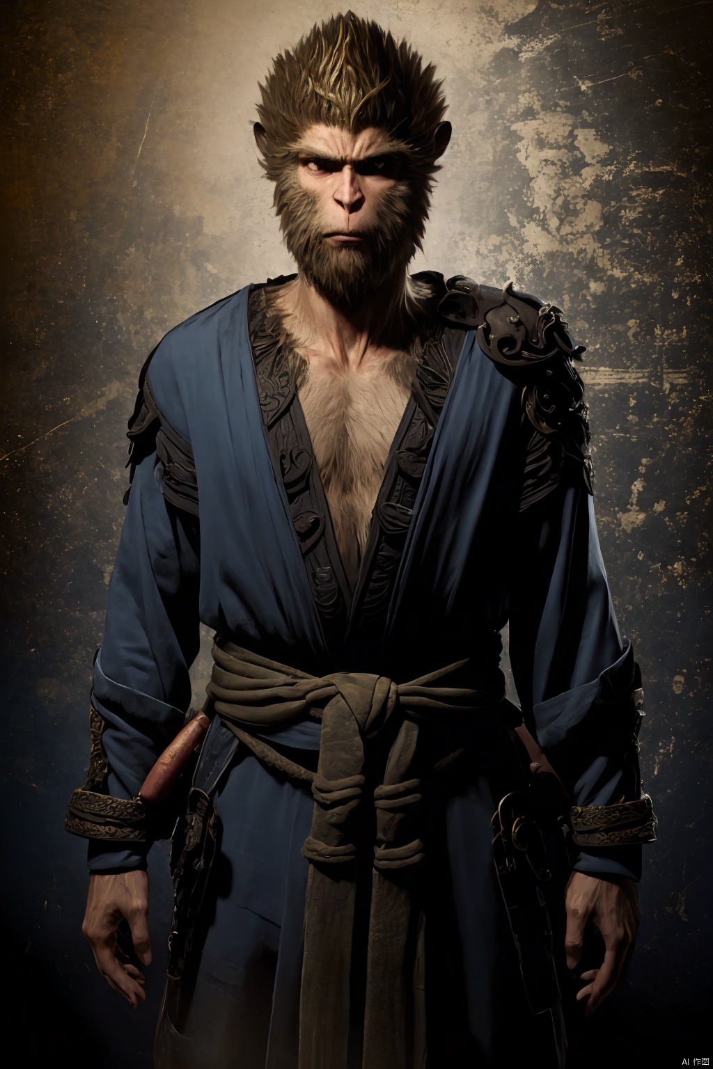 best quality,masterpiece,solo,1boy,male focus,ruins,chinese style architecture,looking at viewer,crossed_arms,wukong \(black myth\),wukong,