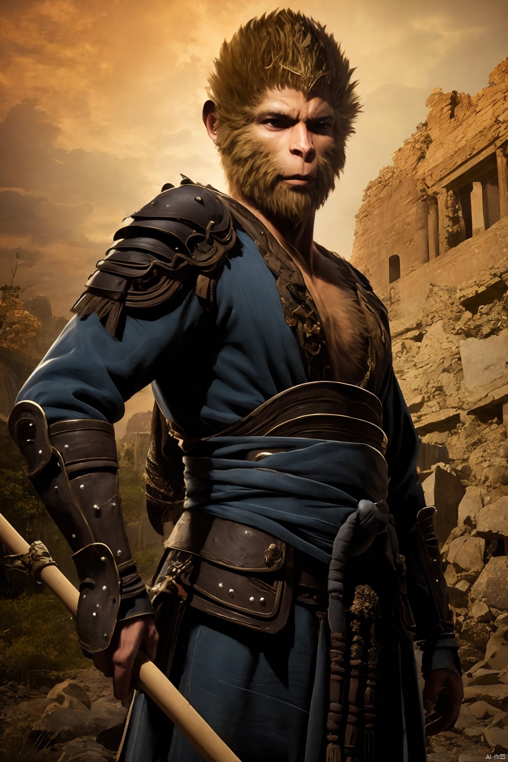 best quality,masterpiece,solo,1boy,male focus,ruins,hold long stick,wukong \(black myth\),