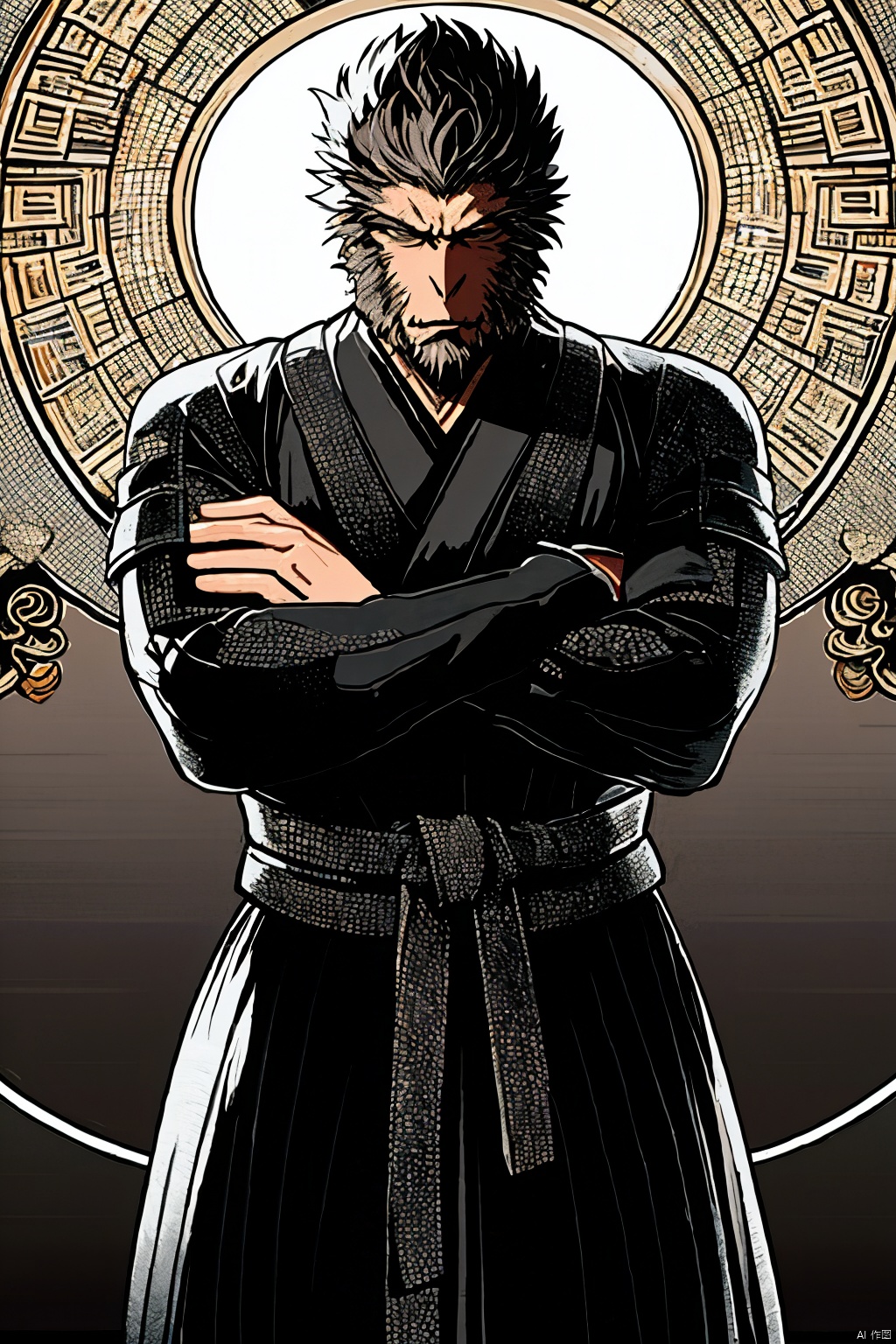 best quality, masterpiece, solo, 1boy, male focus, ruins, chinese style architecture, crossed_arms, wukong \(black myth\),<lora:EMS-174598-EMS:1.000000>,<lora:EMS-250332-EMS:0.600000>