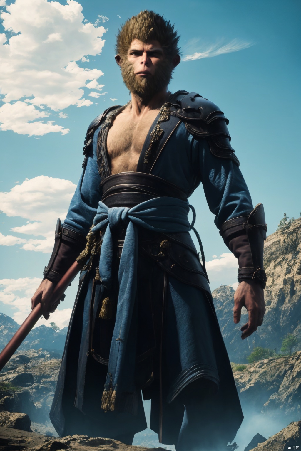 best quality, masterpiece, solo, 1boy, male focus, cloud, river, standing on cloud, scence, hill, looking at viewer, wukong \(black myth\), wukong,<lora:EMS-250332-EMS:0.700000>,<lora:EMS-174598-EMS:1.000000>