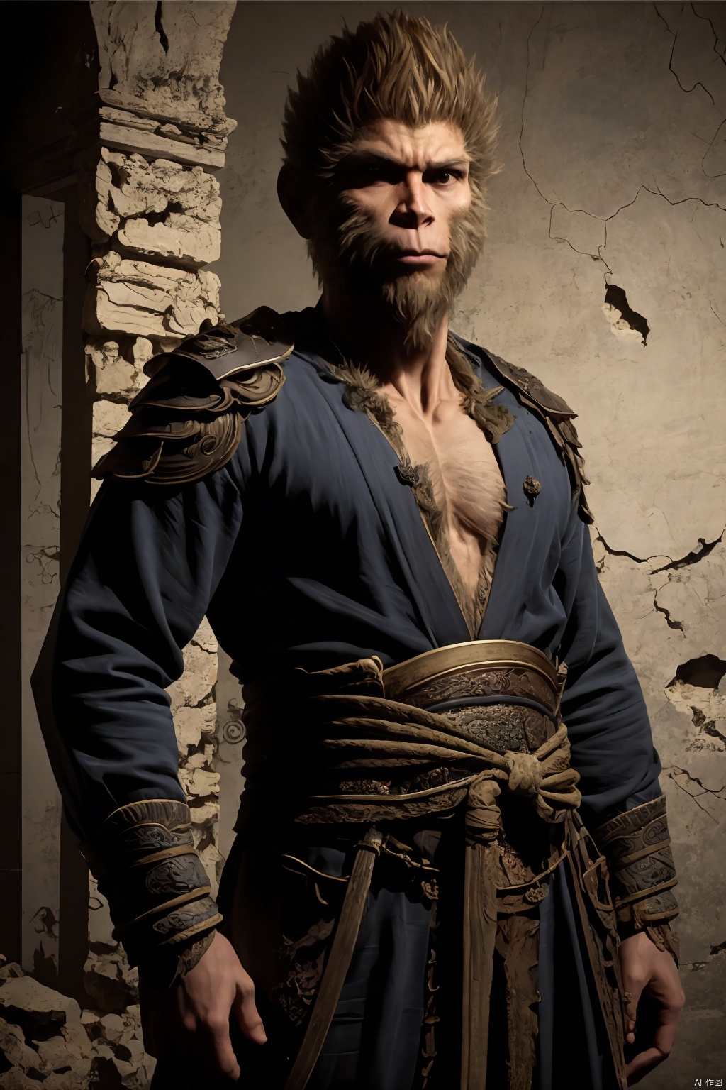 best quality,masterpiece,solo,1boy,male focus,ruins,chinese style architecture,looking at viewer,crossed_arms,wukong \(black myth\),wukong,