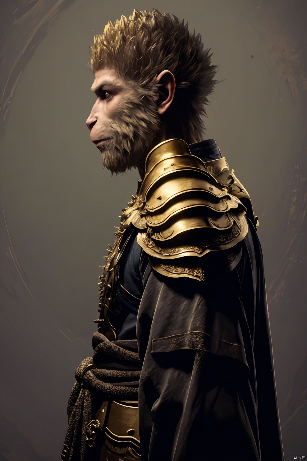 best quality,masterpiece,wukong,solo,1boy,male focus,golden armor,from side,wukong \(black myth\)