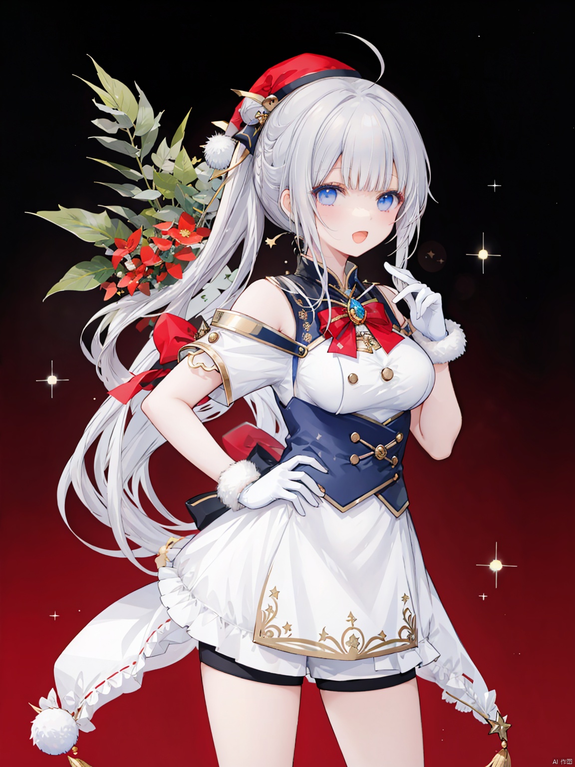  est quality, masterpiece, A girl like princess, (ginka), silver hair, ponytail, butterfly hair ornament, ahoge, bell, blush, christmas, christmas ornaments, christmas tree, flower, food, fur trim, gift, gloves, blue eyes, hat, holly, looking at viewer, open mouth, red flower, santa hat, shorts, smile, solo, sparkle, star \(symbol\), white gloves, ginka