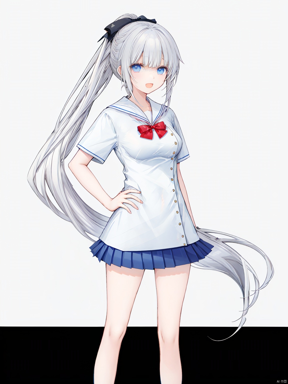 (beach background, sea, torii_(gate)), 1girl, solo, long hair, blue eyes, loafers, socks, skirt, bow, very long hair, shoes, open mouth, full body, brown footwear, ponytail, hand on hip, smile, belt, school uniform, blue socks, ahoge, short sleeves, pleated skirt, standing, black socks, breasts, hair bow, bangs, sailor collar, bowtie, shirt, hand on own chest, ^_^, white sailor collar, kneehighs, white shirt, :d, medium breasts, facing viewer, serafuku, miniskirt, grey hair, blue skirt, red bow, black bow, black skirt,