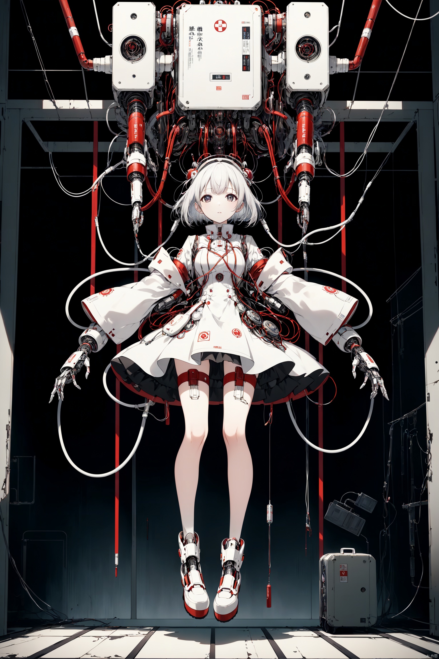  1 woman, robot cyborg
full body, hanging in the air
anime
broken maintenance
oriental
poetic
horror
ghost
tubes , wires
by
 Akihiko Yoshida
