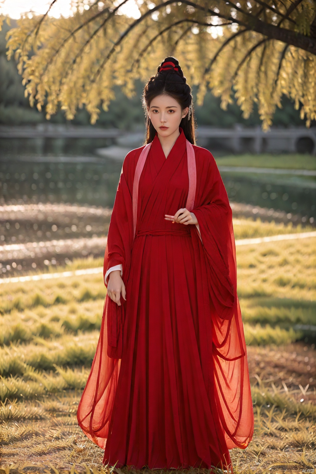 (global illumination, reality,ray tracing, HDR, unreal rendering, reasonable design, high detail, masterpiece,best quality, ultra high definition, movie lighting),
1 girl,outdoor,looking_at_viewer,hair bun,side_blunt_bangs,china_dress,chinese_style,big breasts,pose,solo,1girl,black hair,black eyes, , hanfu