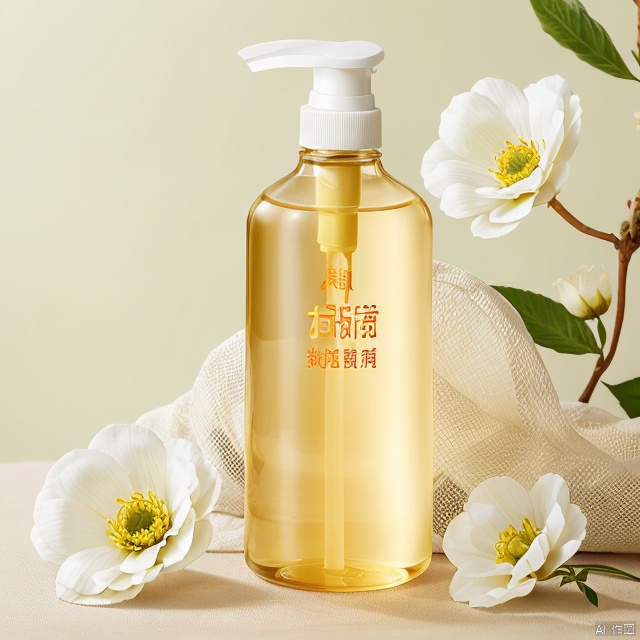 xihuwen,Yellow transparent bottle, silk, white flowers,
