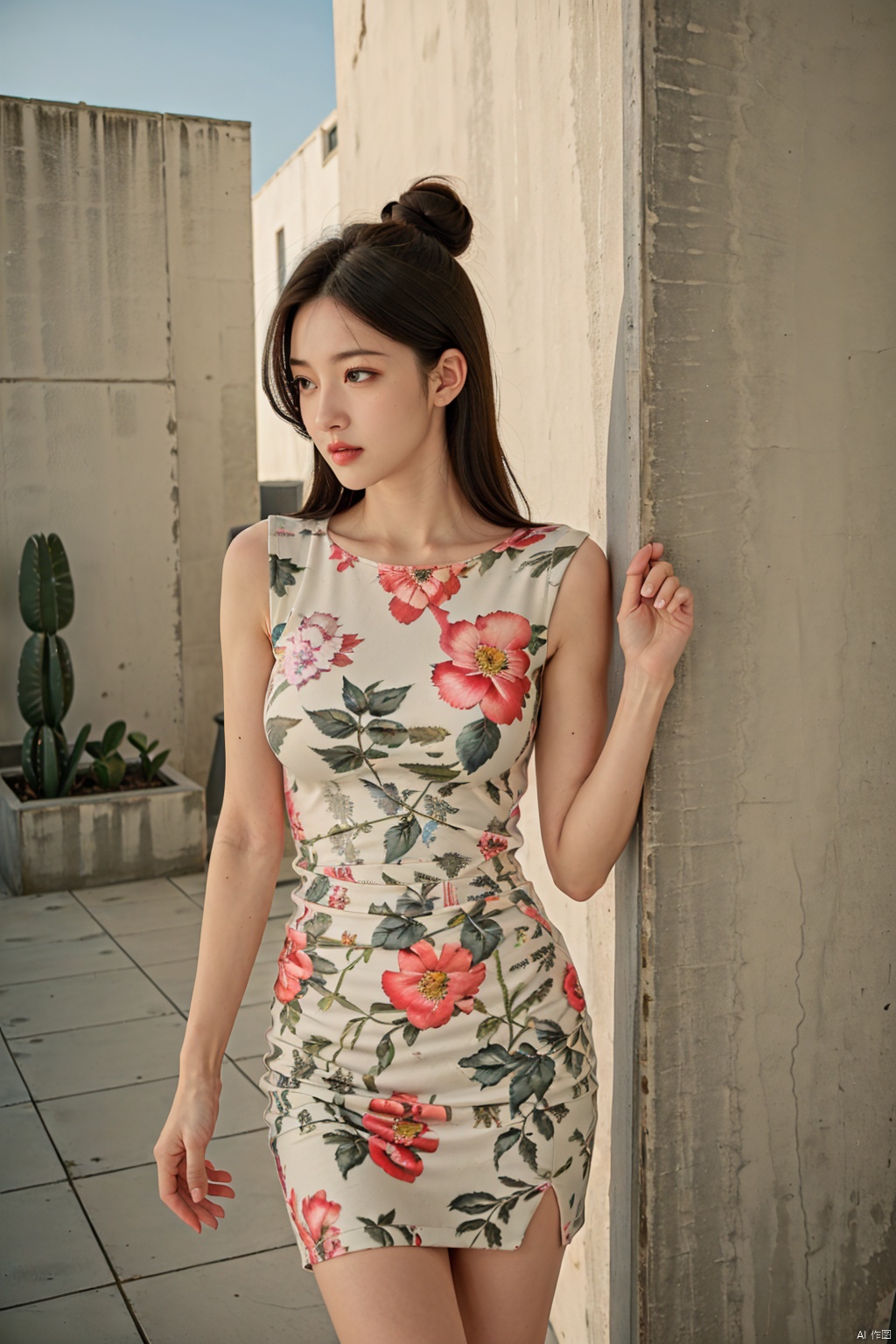 (global illumination, reality,ray tracing, HDR, unreal rendering, reasonable design, high detail, masterpiece,best quality, ultra high definition, movie lighting),
1 girl,outdoor,looking_at_viewer,hair bun,side_blunt_bangs,big breasts,pose,solo,1girl,black hair,black eyes,  facing to camera, near, front view, 