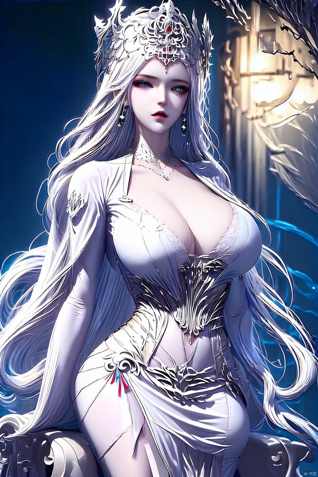  (((masterpiece))),best quality, illustration,(beautiful detailed girl), a girl ,solo,bare shoulders,flat_chst,diamond and glaring eyes,beautiful detailed cold face,very long blue and sliver hair,floaing black feathers,wavy hair,black and white sleeves,gold and sliver fringes,a (blackhole) behind the girl,a silver triple crown inlaid with obsidian,(sit) on the black ((throne)), (depth) of (field), black corset