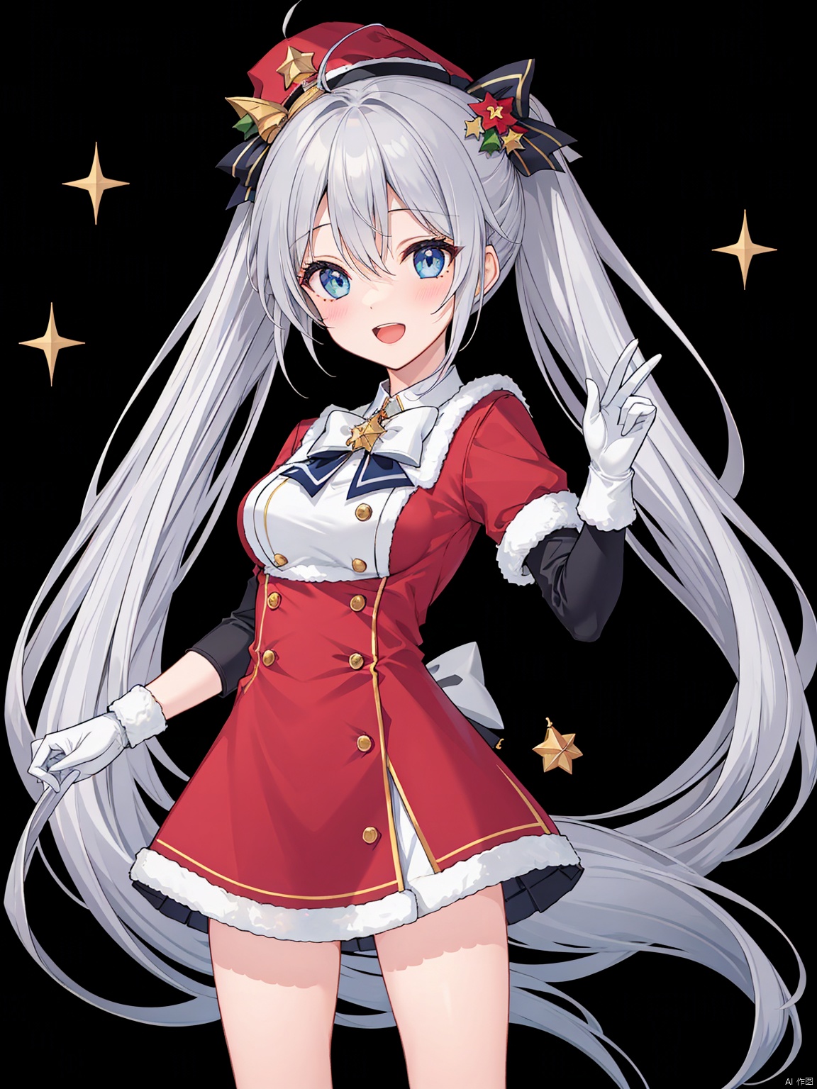 est quality,  masterpiece,  A girl like princess,  ginka,  silver hair,  ponytail,  butterfly hair ornament,  ahoge,  bell,  blush,  christmas,  christmas ornaments,  christmas tree,  flower,  food,  fur trim,  gift,  gloves,  blue eyes,  hat,  holly,  looking at viewer,  open mouth,  red flower,  santa hat,  shorts,  smile,  solo,  sparkle,  star \(symbol\),  white glove