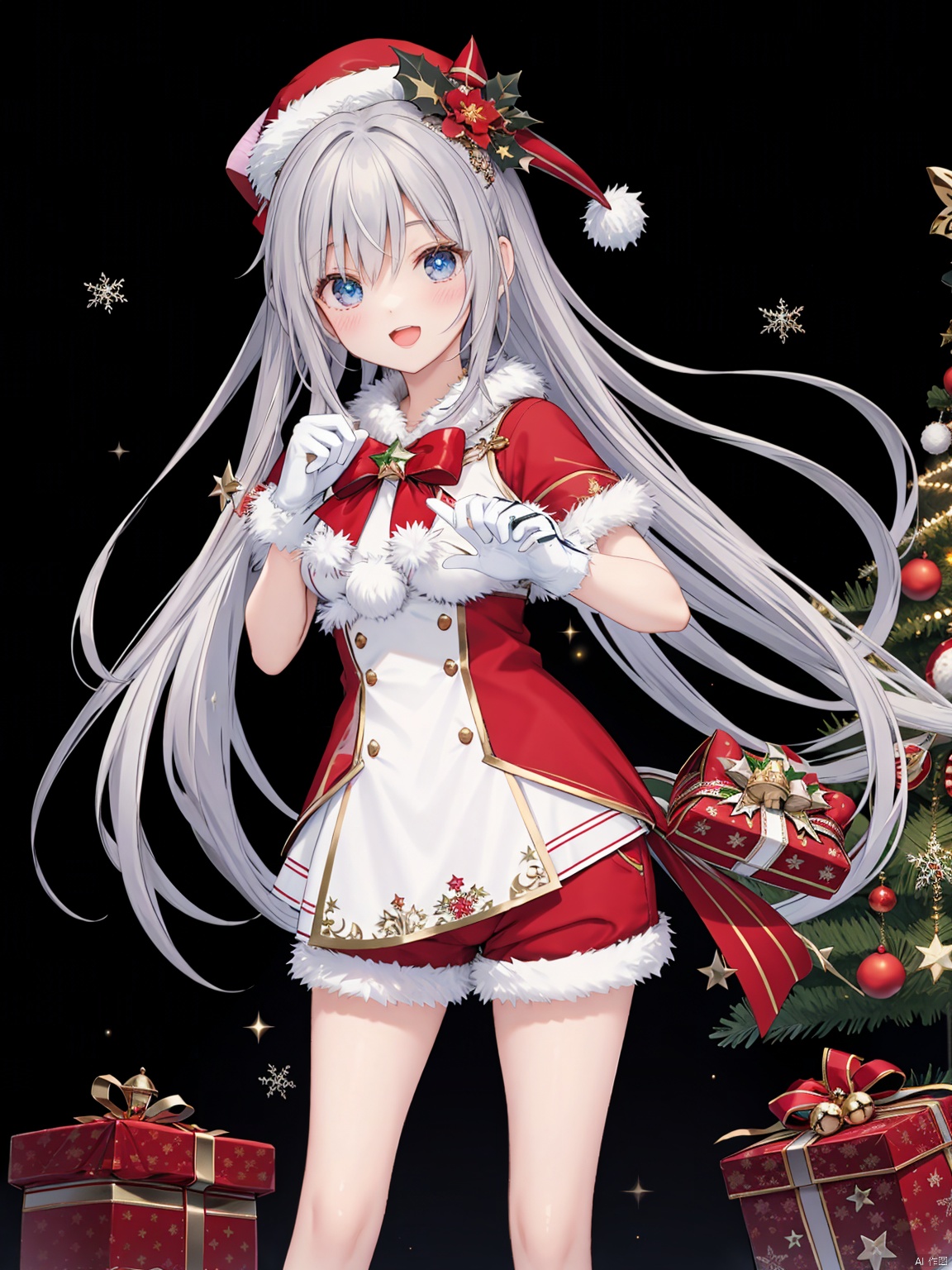 est quality,  masterpiece,  A girl like princess,  ginka, butterfly hair ornament, bell,  blush,  christmas,  christmas ornaments,  christmas tree,  flower,  food,  fur trim,  gift,  gloves,  blue eyes,  hat,  holly,  looking at viewer,  open mouth,  red flower,  santa hat,  shorts,  smile,  solo,  sparkle,  star \(symbol\),  white glove