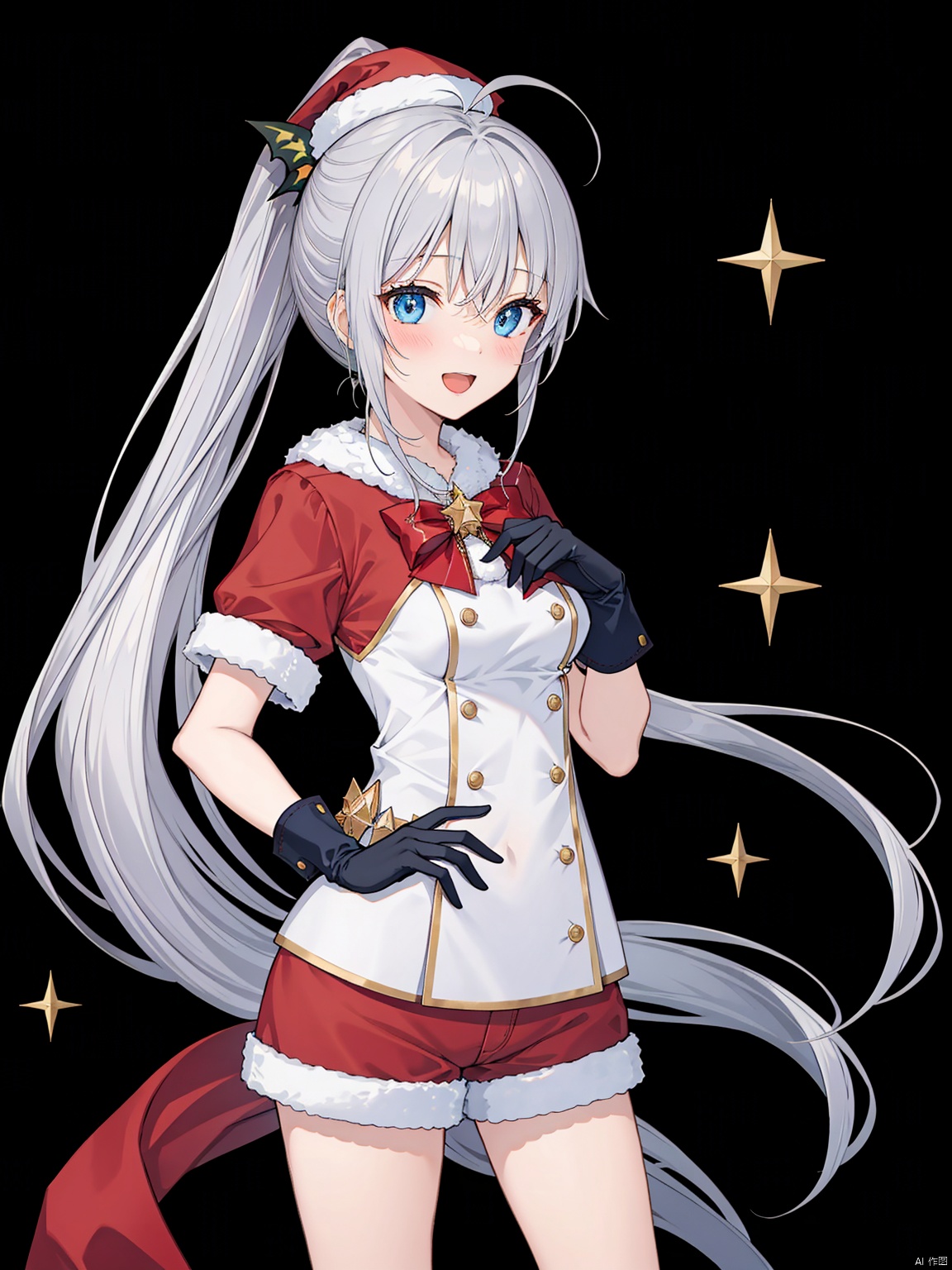 est quality,  masterpiece,  A girl like princess,  ginka,  silver hair,  ponytail,  butterfly hair ornament,  ahoge,  bell,  blush,  christmas,  christmas ornaments,  christmas tree,  flower,  food,  fur trim,  gift,  gloves,  blue eyes,  hat,  holly,  looking at viewer,  open mouth,  red flower,  santa hat,  shorts,  smile,  solo,  sparkle,  star \(symbol\),  white glove