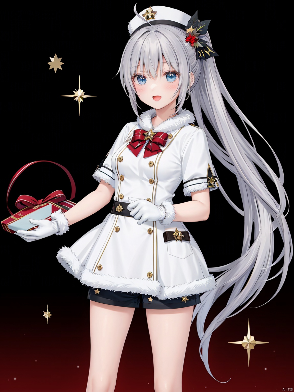 est quality,  masterpiece,  A girl like princess,  ginka,  silver hair,  ponytail,  butterfly hair ornament,  ahoge,  bell,  blush,  christmas,  christmas ornaments,  christmas tree,  flower,  food,  fur trim,  gift,  gloves,  blue eyes,  hat,  holly,  looking at viewer,  open mouth,  red flower,  santa hat,  shorts,  smile,  solo,  sparkle,  star \(symbol\),  white glove