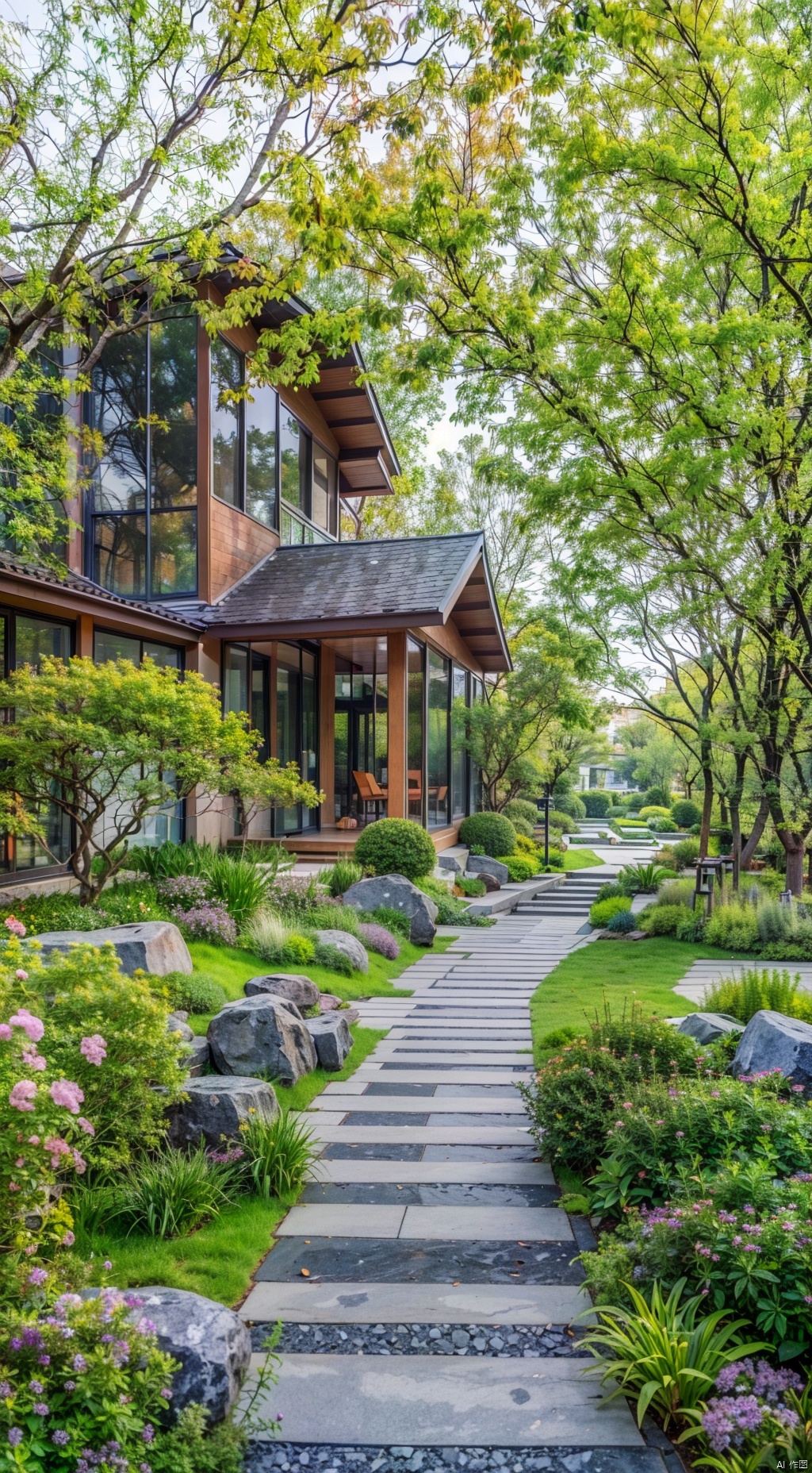  Beautiful modern wooden house, landscape design, Chinese style landscape configuration, wood veneer house,(marble paved road), in line with the design principles, a winding path led to the distance, lamppost, (Maple), Pine, surrounded by flowers and landscape groups, trees, maple trees, flower trees, ((Best quality)),((realistic) quality),((exterior view)),photo realistic,(masterpiece),orante,super detailed,intricate,photo like image quality, Arial view, garden,tiledporch,bush,plant
