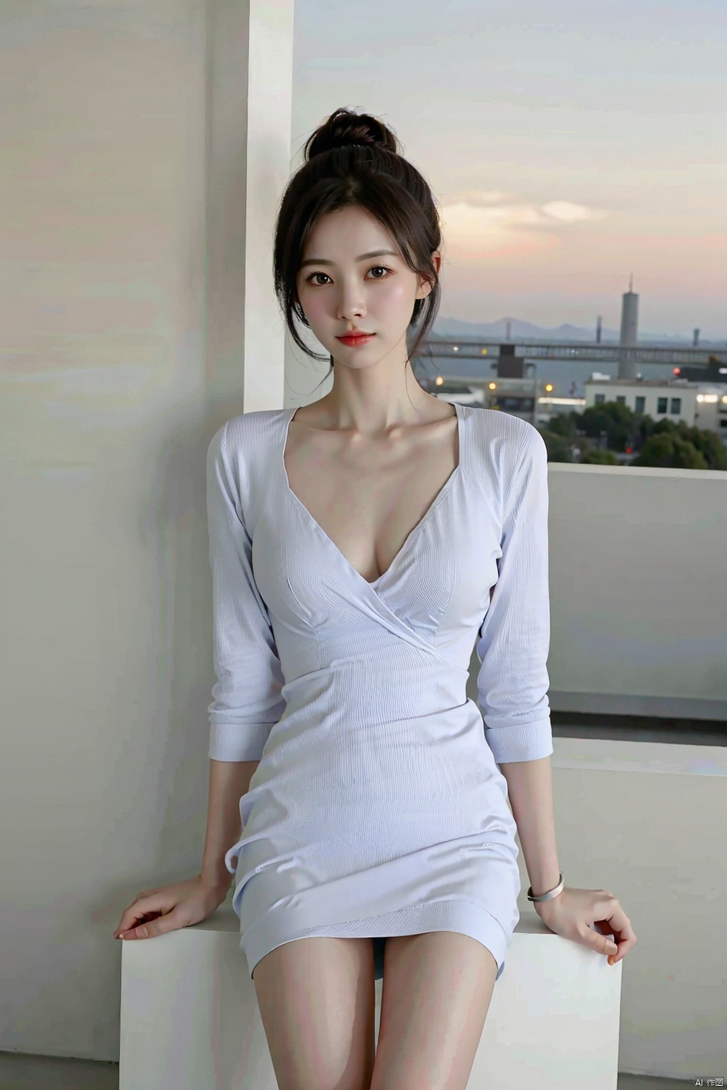 (global illumination, reality,ray tracing, HDR, unreal rendering, reasonable design, high detail, masterpiece,best quality, ultra high definition, movie lighting),
1 girl,outdoor,looking_at_viewer,hair bun,side_blunt_bangs,big breasts,pose,solo,1girl,black hair,black eyes,  facing to camera, near, front view, sitting