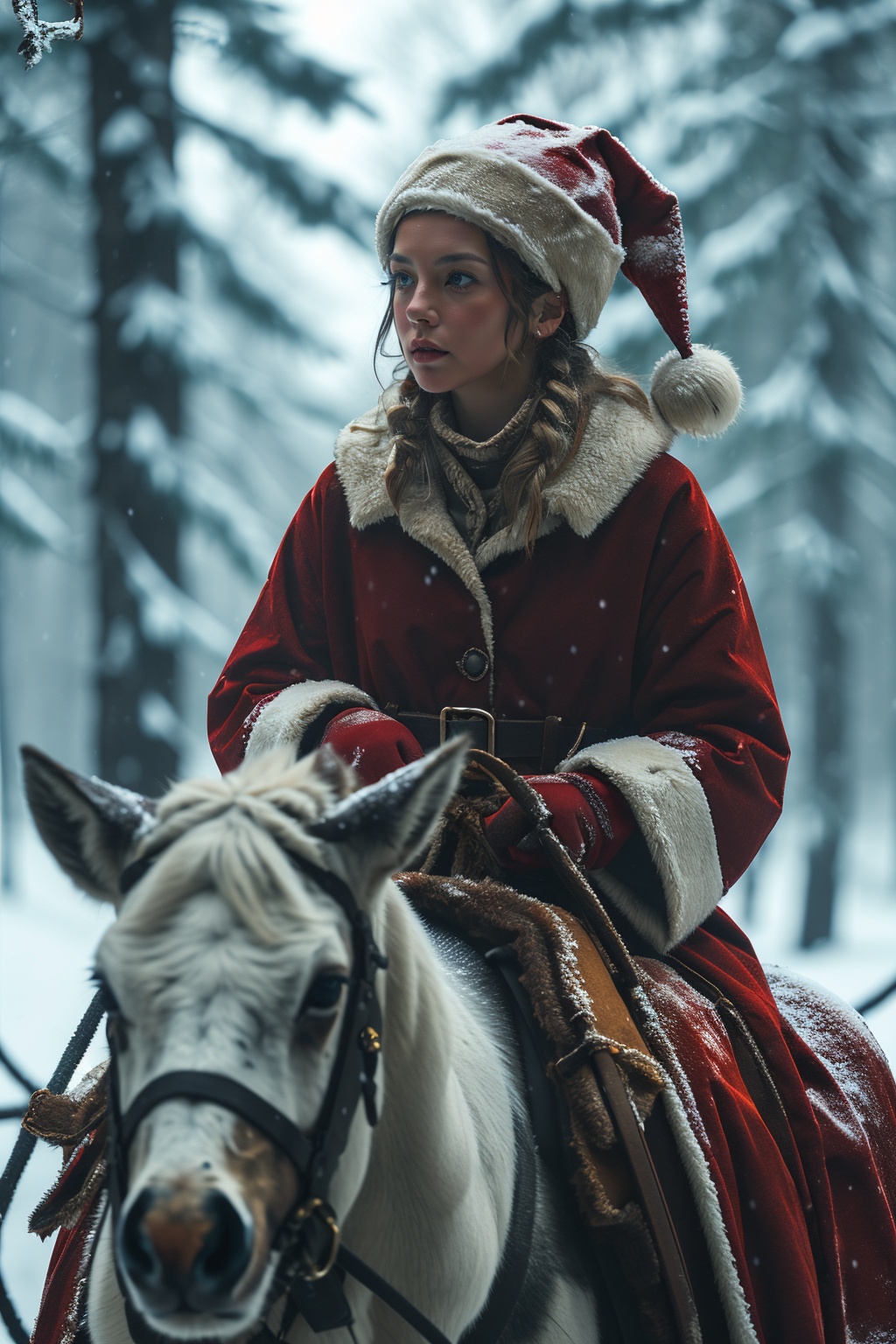 1girl,shengdan,snow,antler,santa costume,depth of field, Riding, <lora:shengdan:0.7>