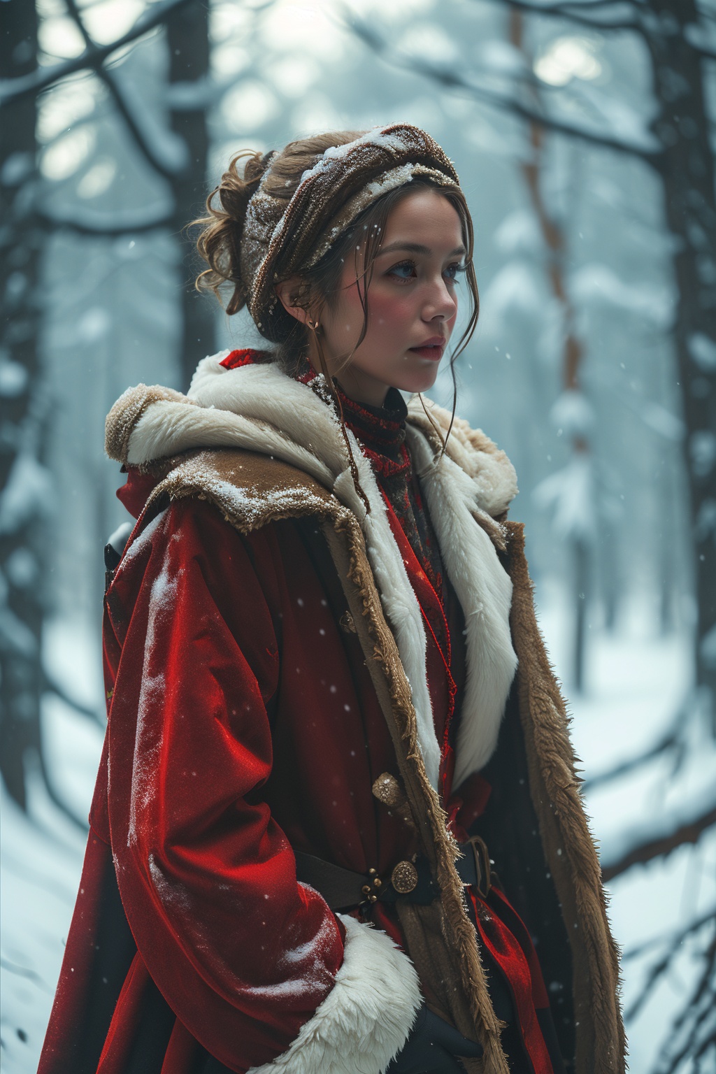 1girl,shengdan,snow,antler,santa costume,depth of field,reindeer antlers, <lora:shengdan:0.7>