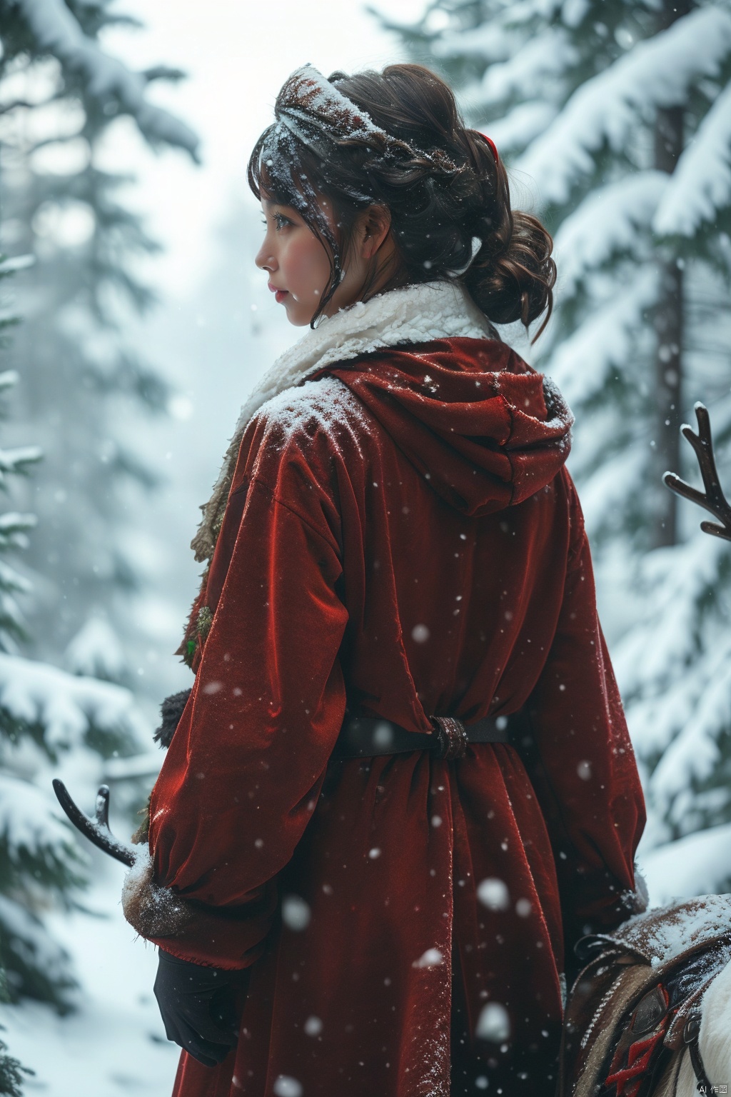 a china girl,  (reindeer:1.1), antler, black hair,from behind,santa costum,,depth of field,snowing, Detail, 