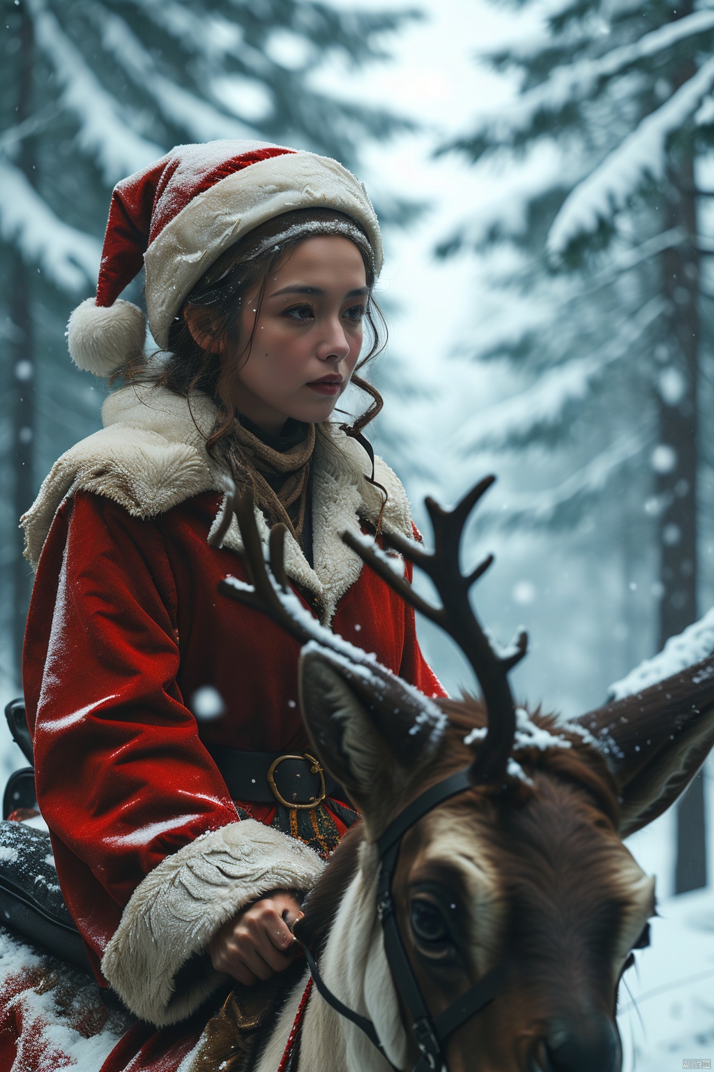 a china girl,  (reindeer:1.1), antler, black hair,shengdan, santa costume, Riding,,depth of field,snowing, Detail,